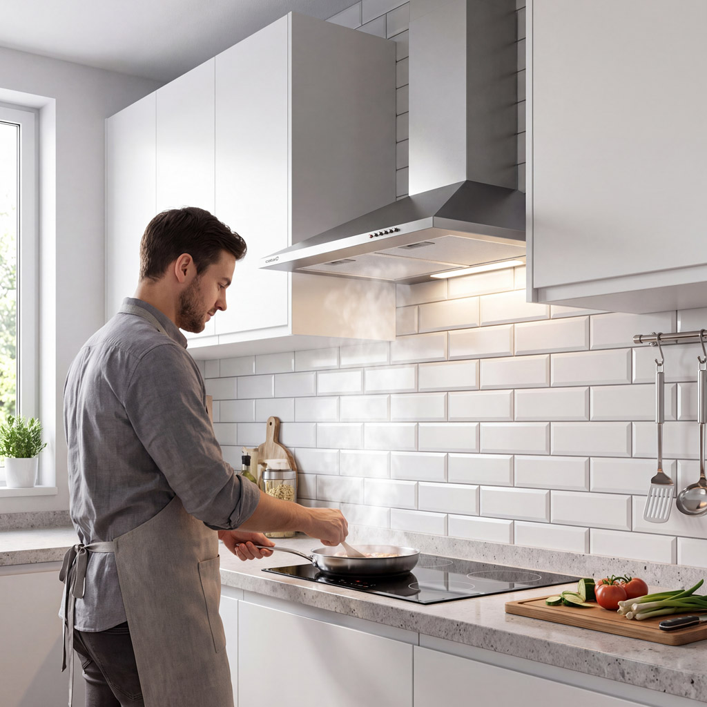 Un hombre cocina en una estufa moderna bajo una campana extractora en una cocina blanca.