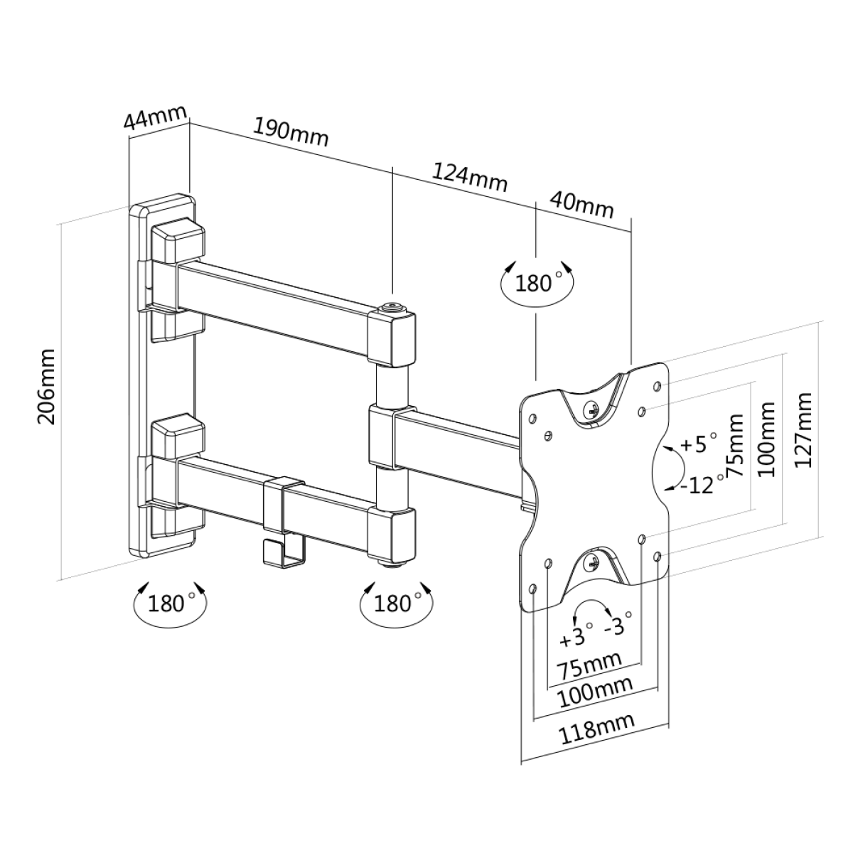 Dessin technique d'un support mural TV réglable avec des mesures.
