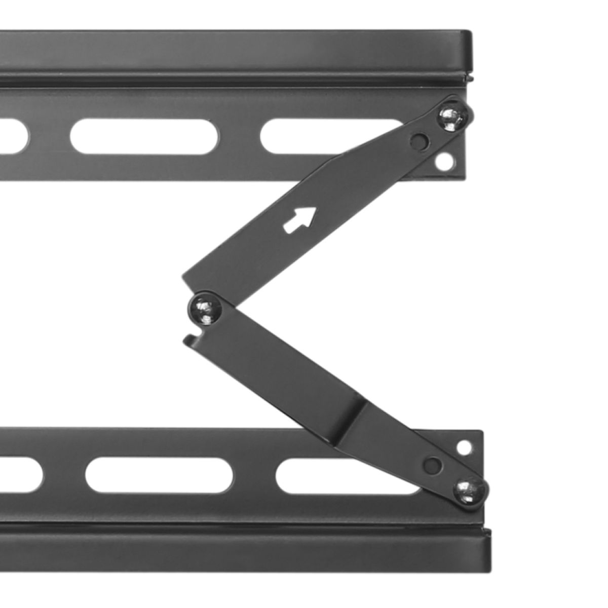 Schwarze Metallteile mit Scharnieren und Löchern auf schwarzem Grund.