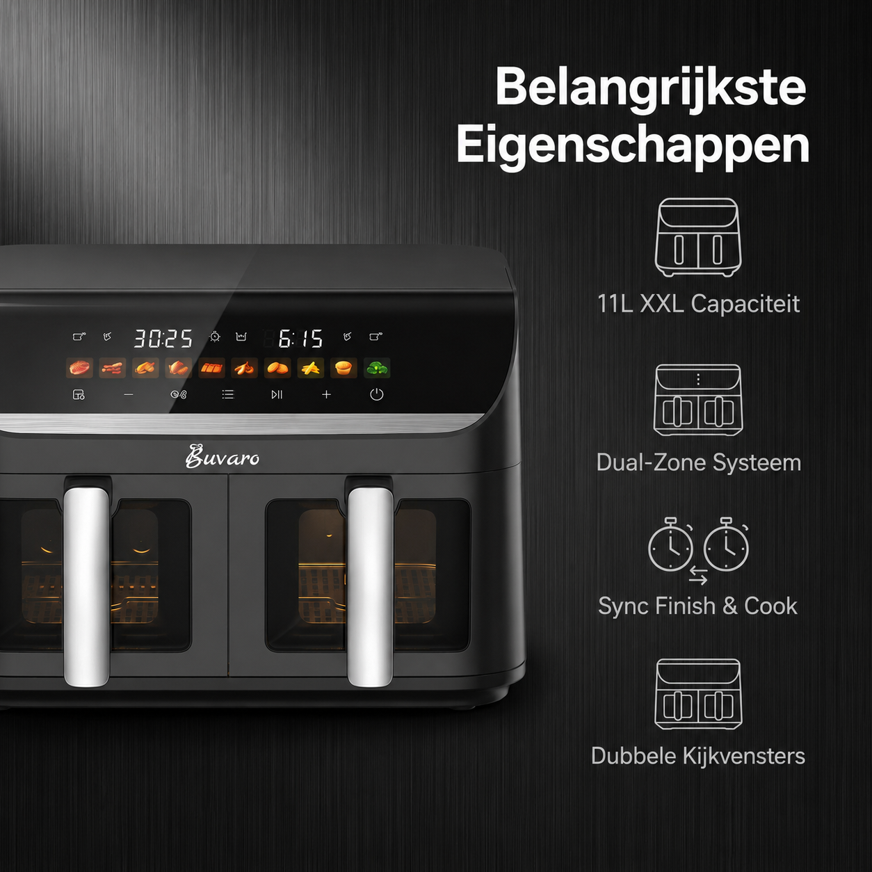 A black dual-basket air fryer on a dark background, showing digital controls and key feature icons on the right.