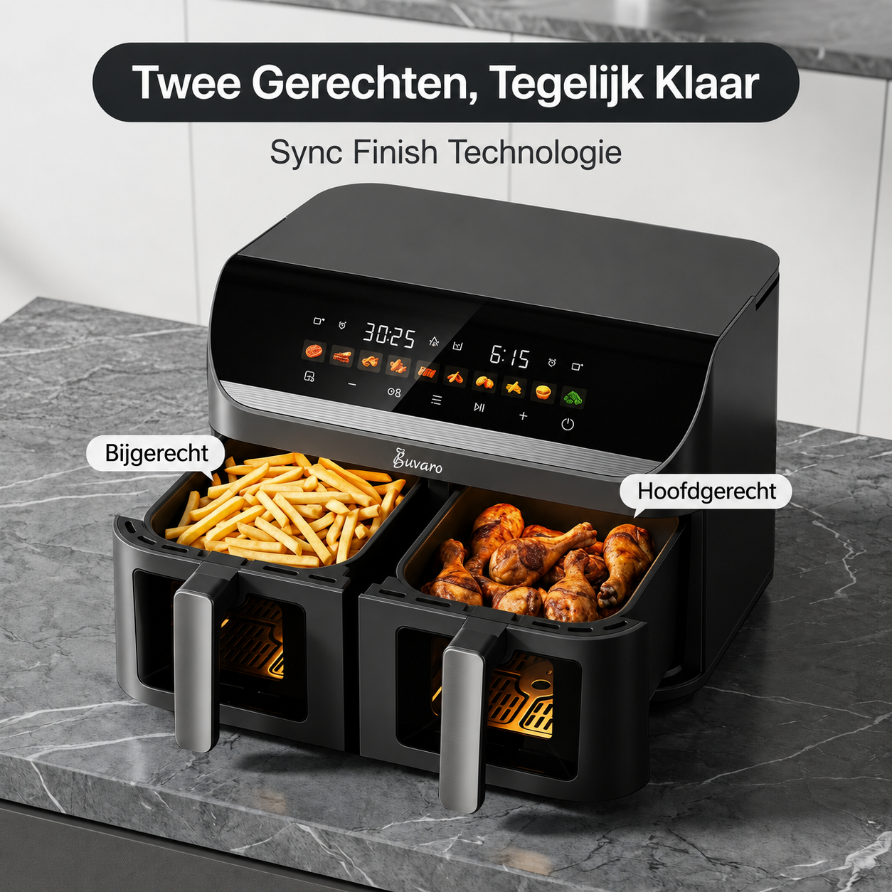 A black dual-basket air fryer on a marble countertop, with french fries in one basket and chicken drumsticks in the other.