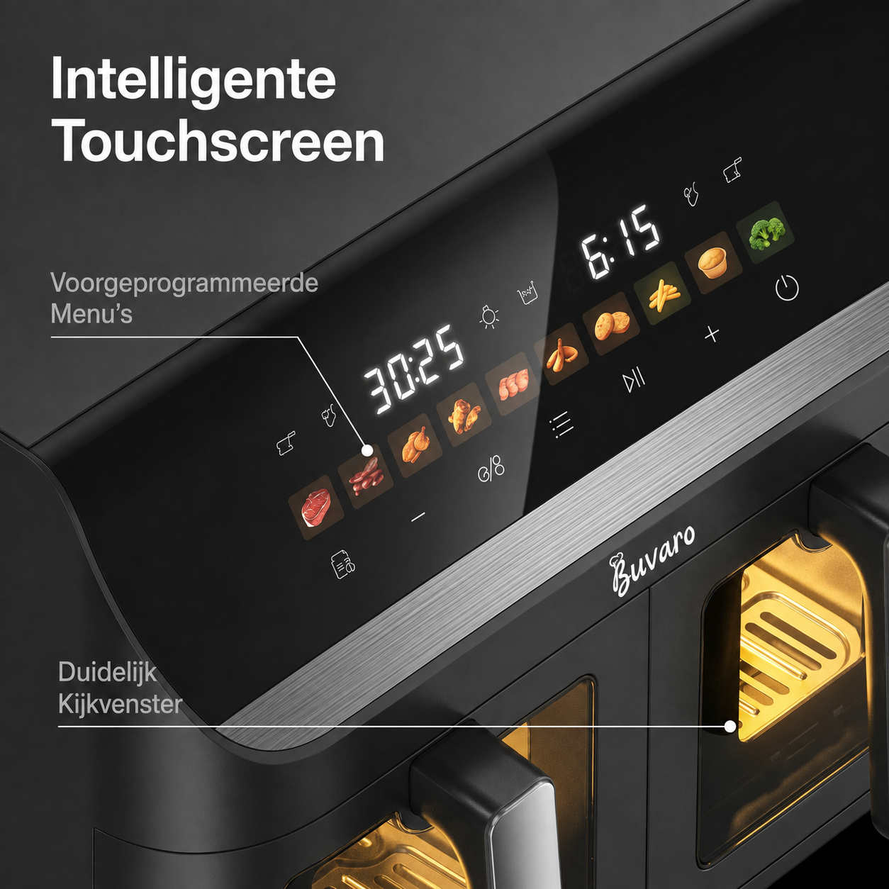 A black air fryer with a digital touchscreen panel displaying presets and time, featuring dual lit viewing windows.