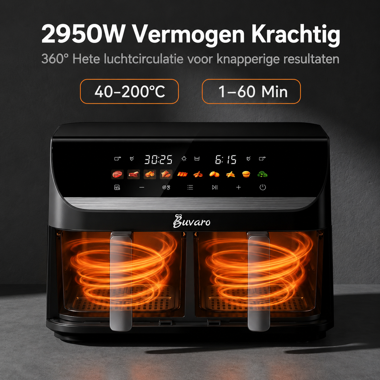 A black dual-basket air fryer with lit digital displays and glowing orange heating spirals inside the transparent windows.