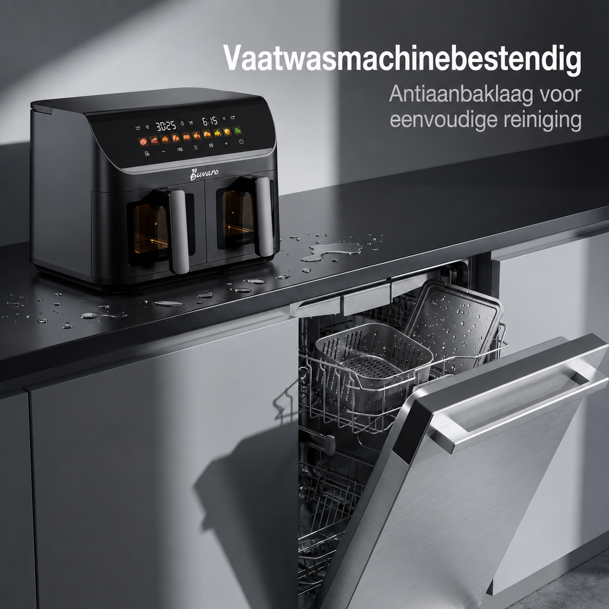 A black air fryer on the kitchen counter above an open dishwasher containing baskets.