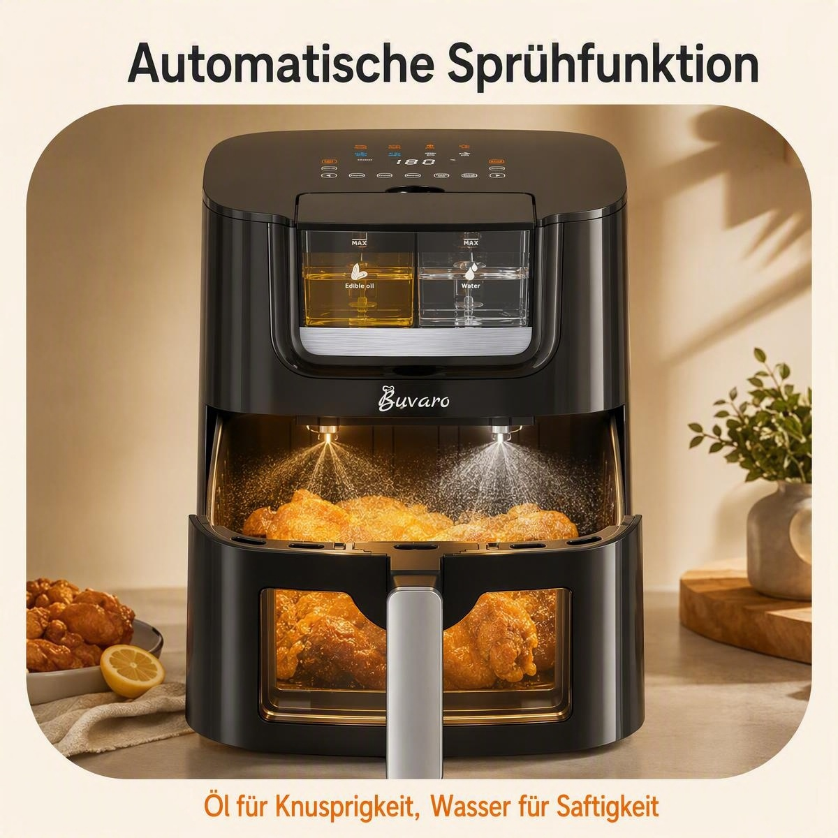 Schwarze Heißluftfritteuse mit automatischer Öl- und Wassersprühfunktion, die Hähnchen brät.