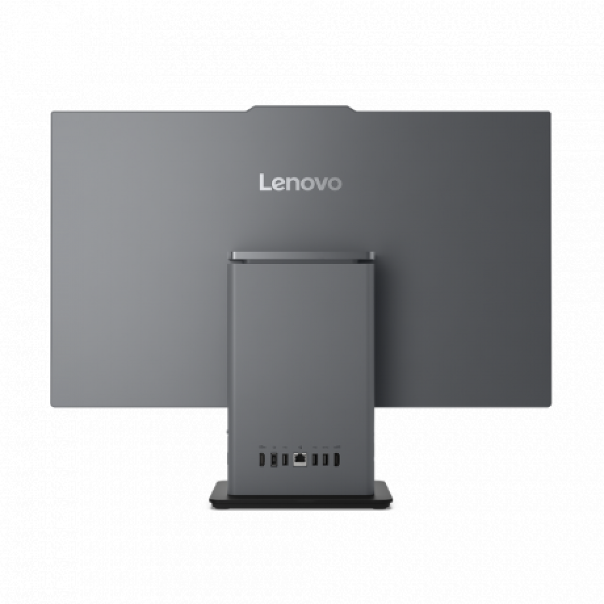 Entegre bağlantı noktalarına sahip gri renkli Lenovo monitörün arkadan görünümü.