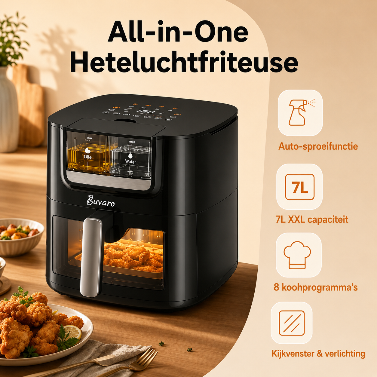 BUVARO  AF-ZE7238-ZA - Airfryer - Black - 7 l - 1800 W - Number of baskets: 1