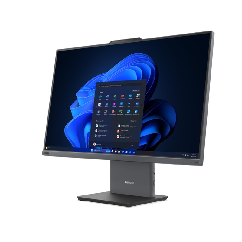 Beyaz arkaplanda mavi Windows arkaplanlı gri bir Lenovo hep-bir-arada bilgisayar.