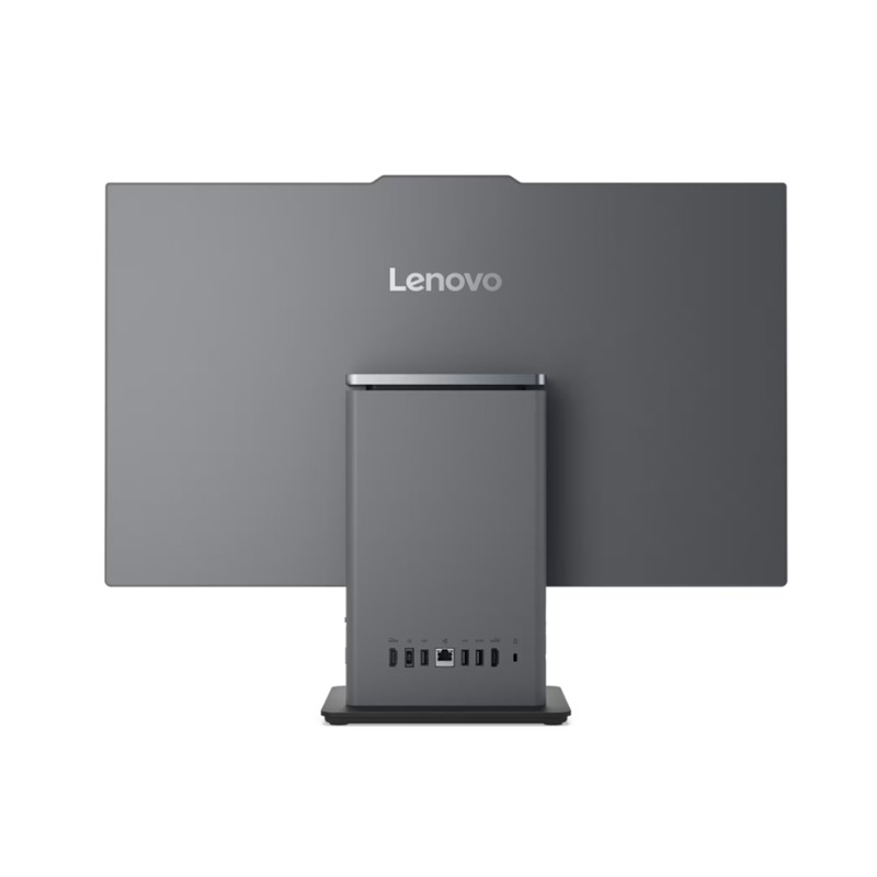 Görünür bağlantı noktalarına sahip gri bir Lenovo bilgisayar monitörünün arka görünümü.