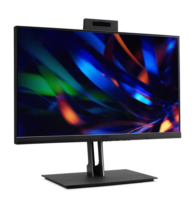 Üstünde web kamerası modülü olan ayaklı siyah bir Acer monitör.