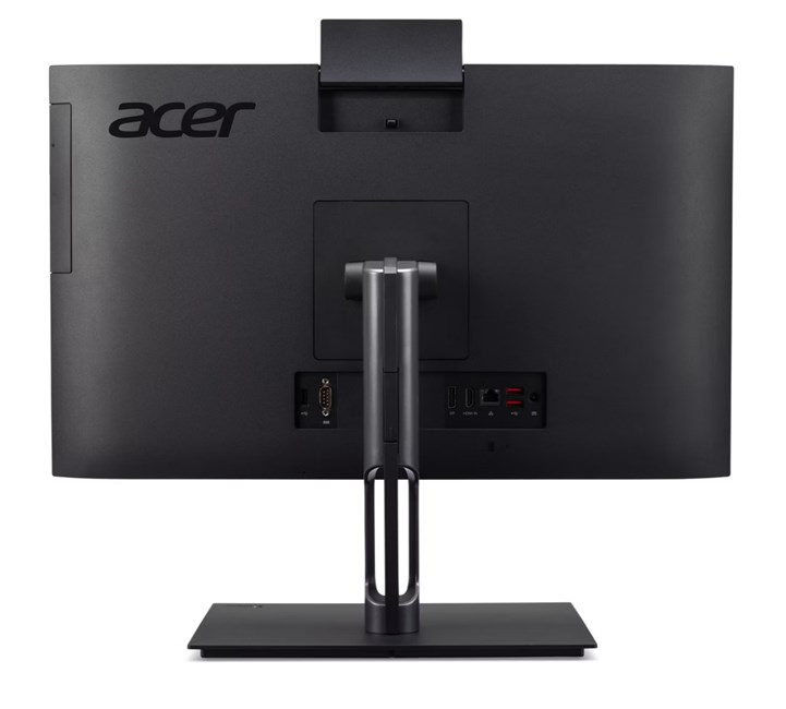 Stantlı ve görünür bağlantı noktalarına sahip siyah bir Acer monitörün arka görünümü.