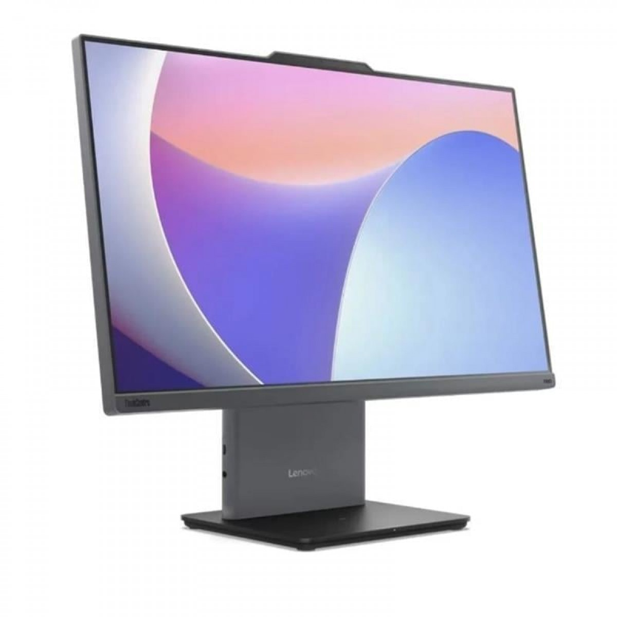 Ekranında soyut, renkli bir arka plan gösteren gri bir Lenovo monitör.