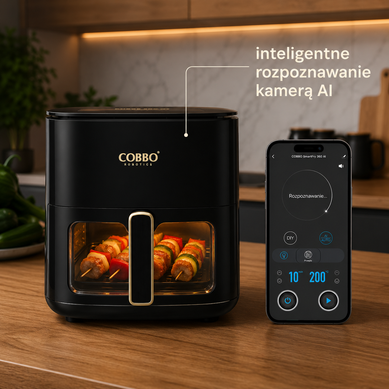 Czarna frytkownica beztłuszczowa COBBO z szaszłykami i smartfon z aplikacją na drewnianym blacie.