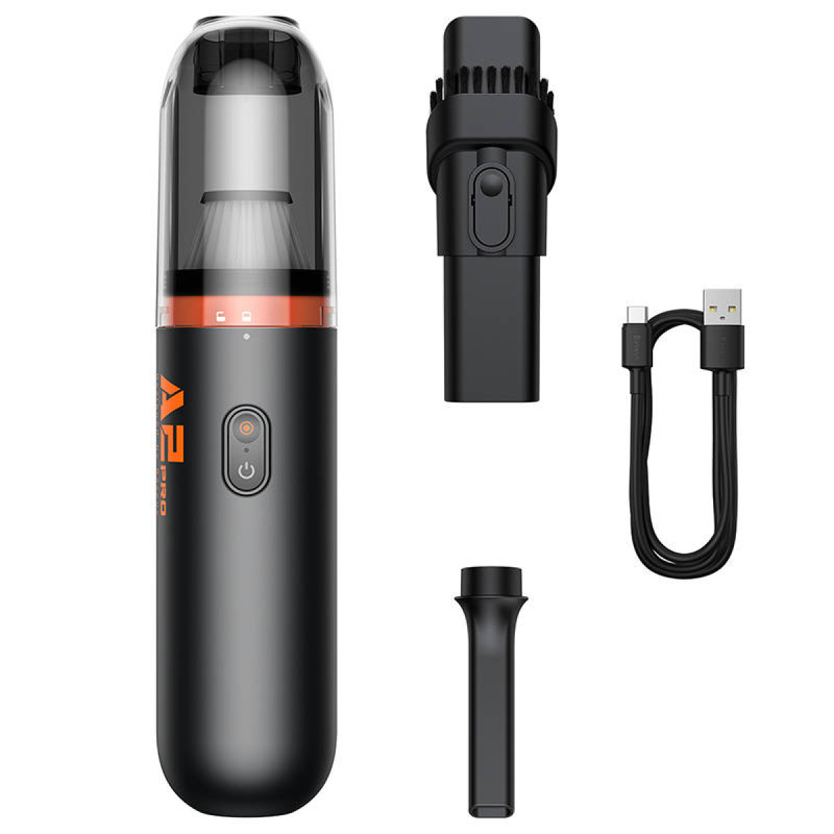 Czarny odkurzacz ręczny z końcówkami i kablem USB na białym tle.