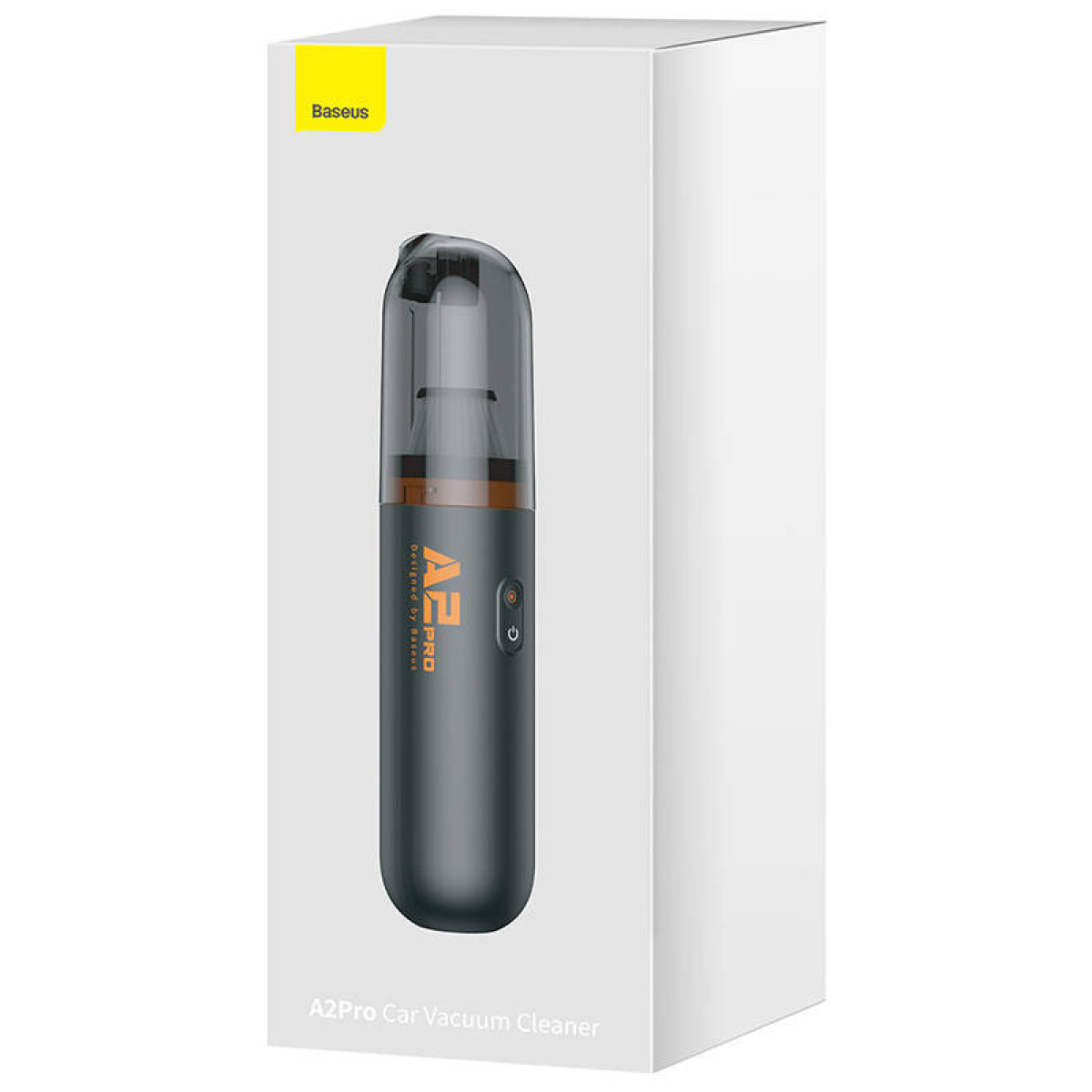 Białe pudełko produktu z wizerunkiem szarego odkurzacza samochodowego Baseus A2Pro.