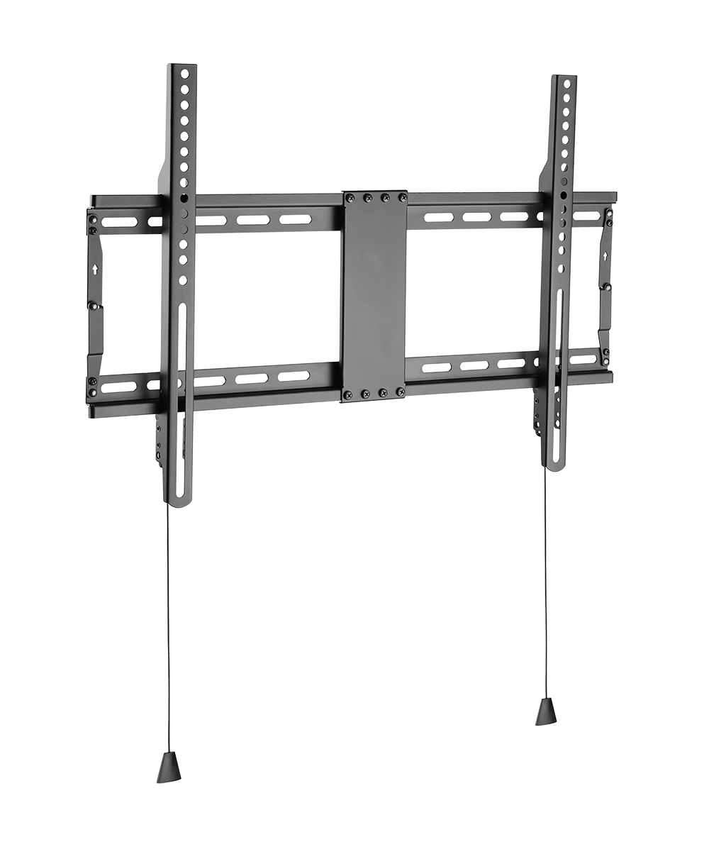 Schwarze TV-Wandhalterung mit Rahmen und zwei vertikalen Schienen auf schwarzem Hintergrund.