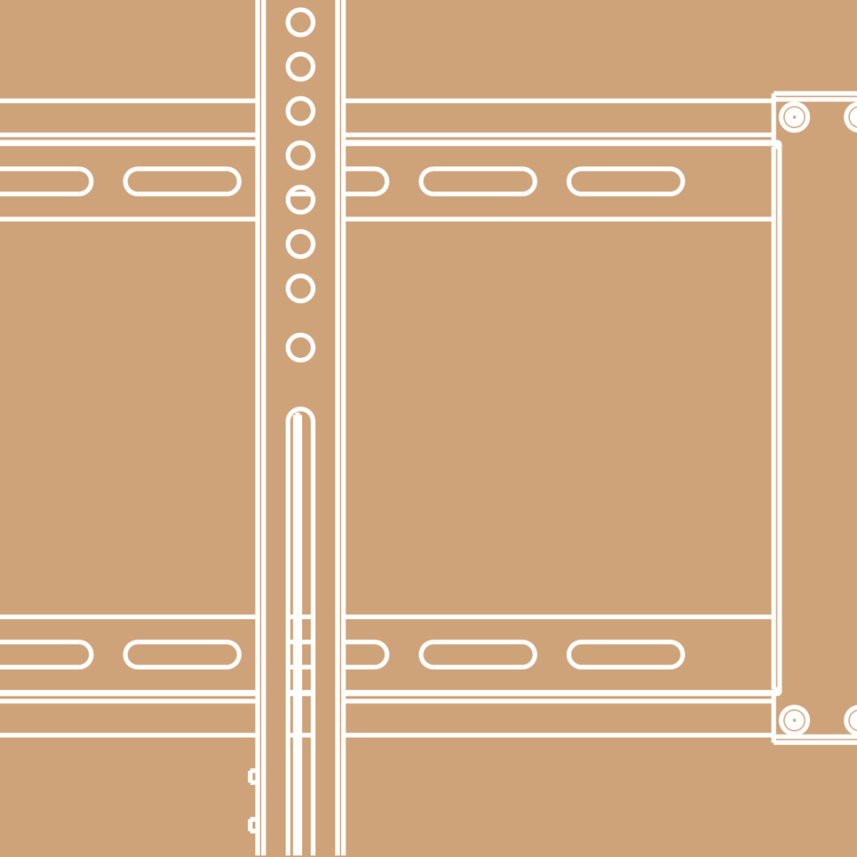 Diagramm einer TV-Wandhalterung mit vertikalen und horizontalen Metallprofilen auf braunem Hintergrund.