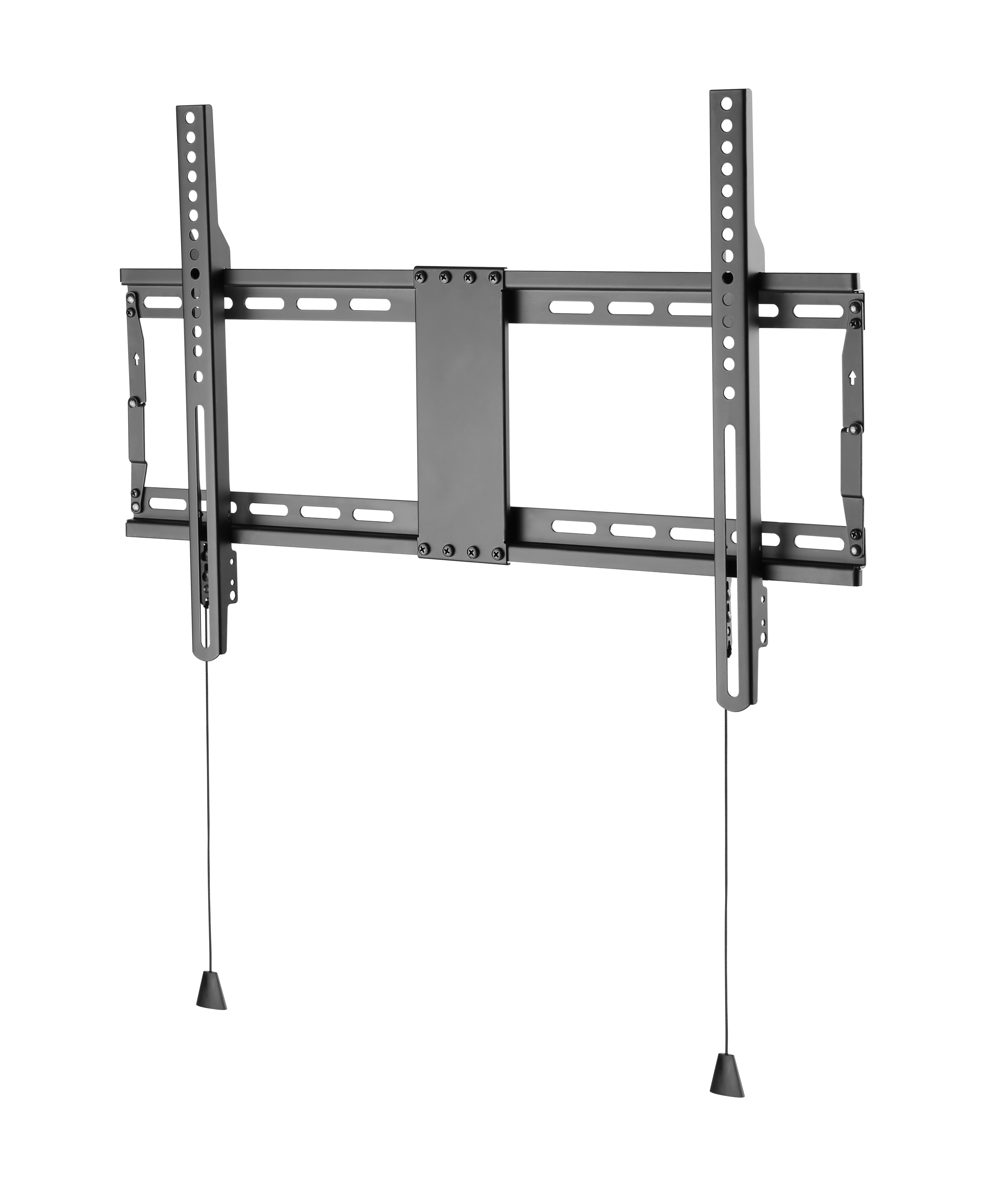 Schwarze TV-Wandhalterung mit zwei vertikalen Schienen und Hängekordeln auf schwarzem Hintergrund.