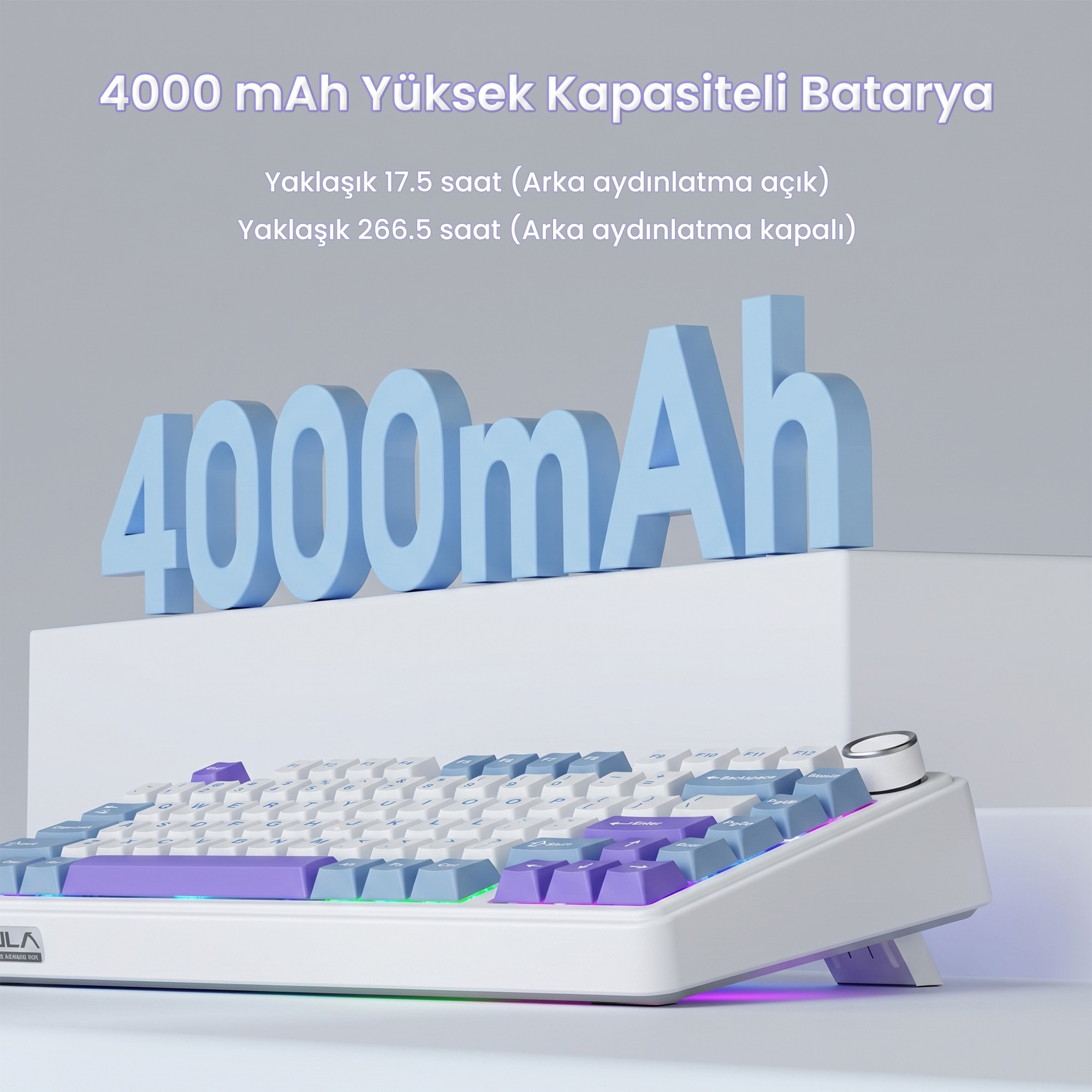 Biała klawiatura mechaniczna z niebieskimi i fioletowymi akcentami przed gigantycznym napisem 4000mAh.
