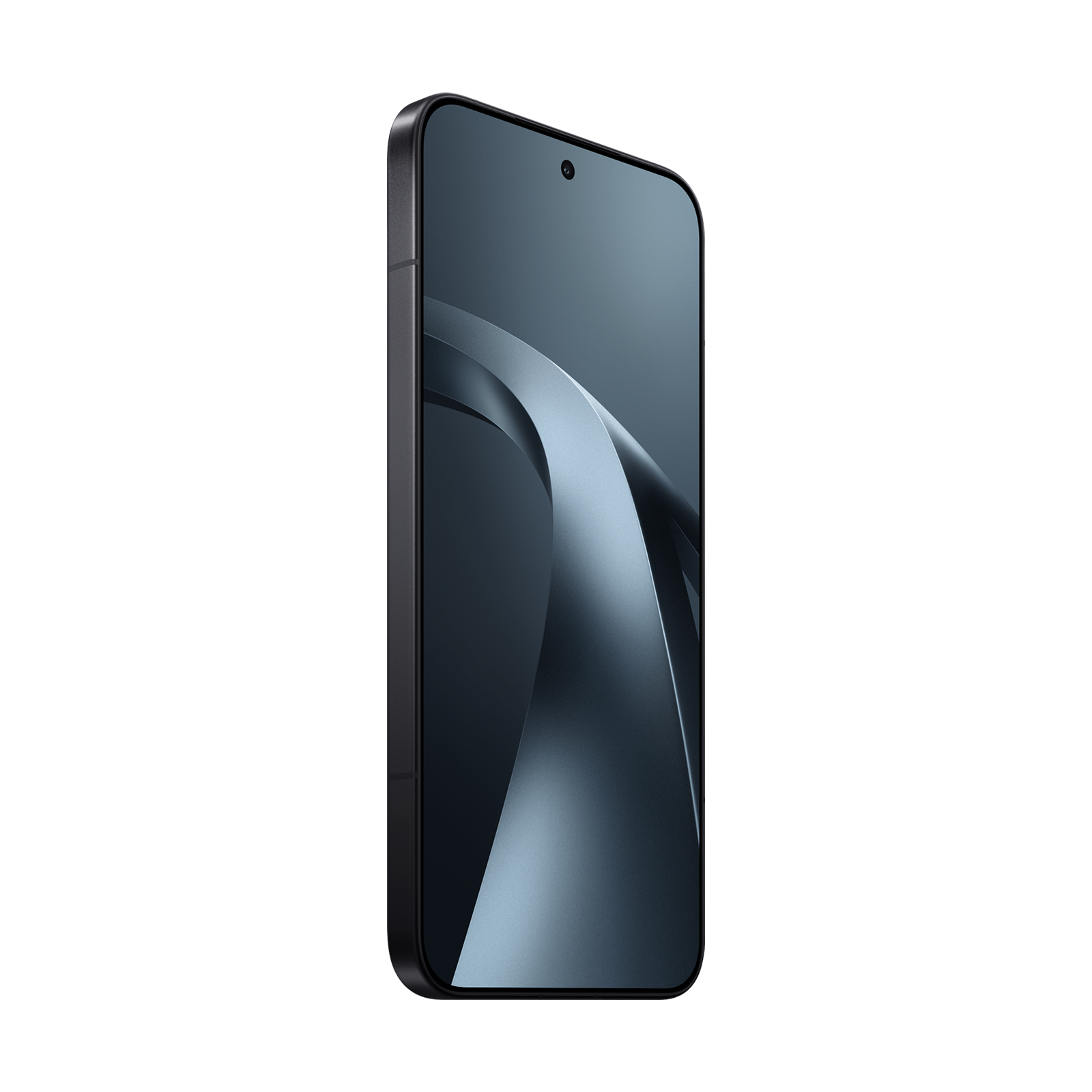 Ein schwarzes Smartphone schräg vor schwarzem Hintergrund mit einer abstrakten blauen Welle auf dem Bildschirm.