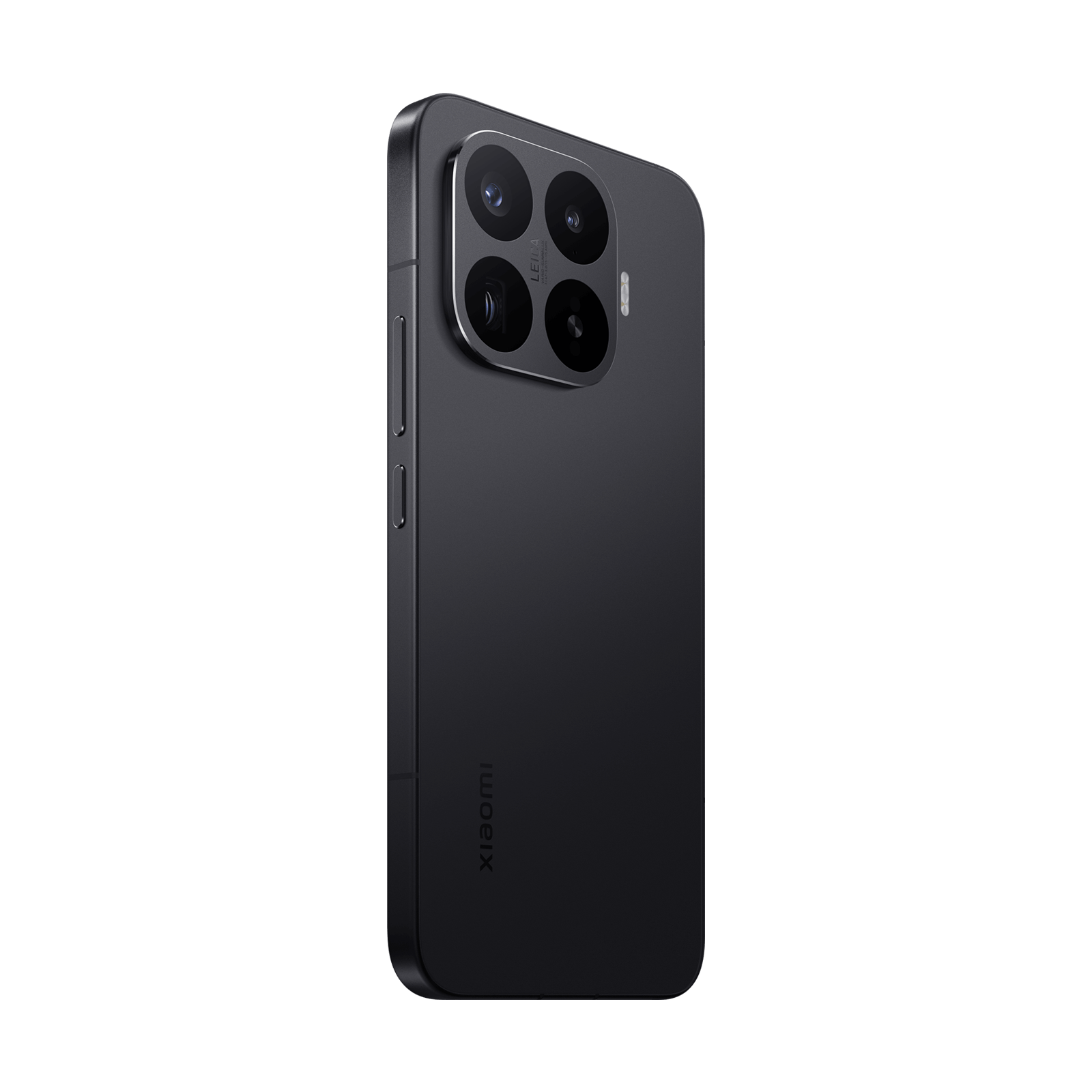 Rückseite eines schwarzen Smartphones mit einer quadratischen Vierfach-Kamera und Xiaomi-Logo auf schwarzem Grund.