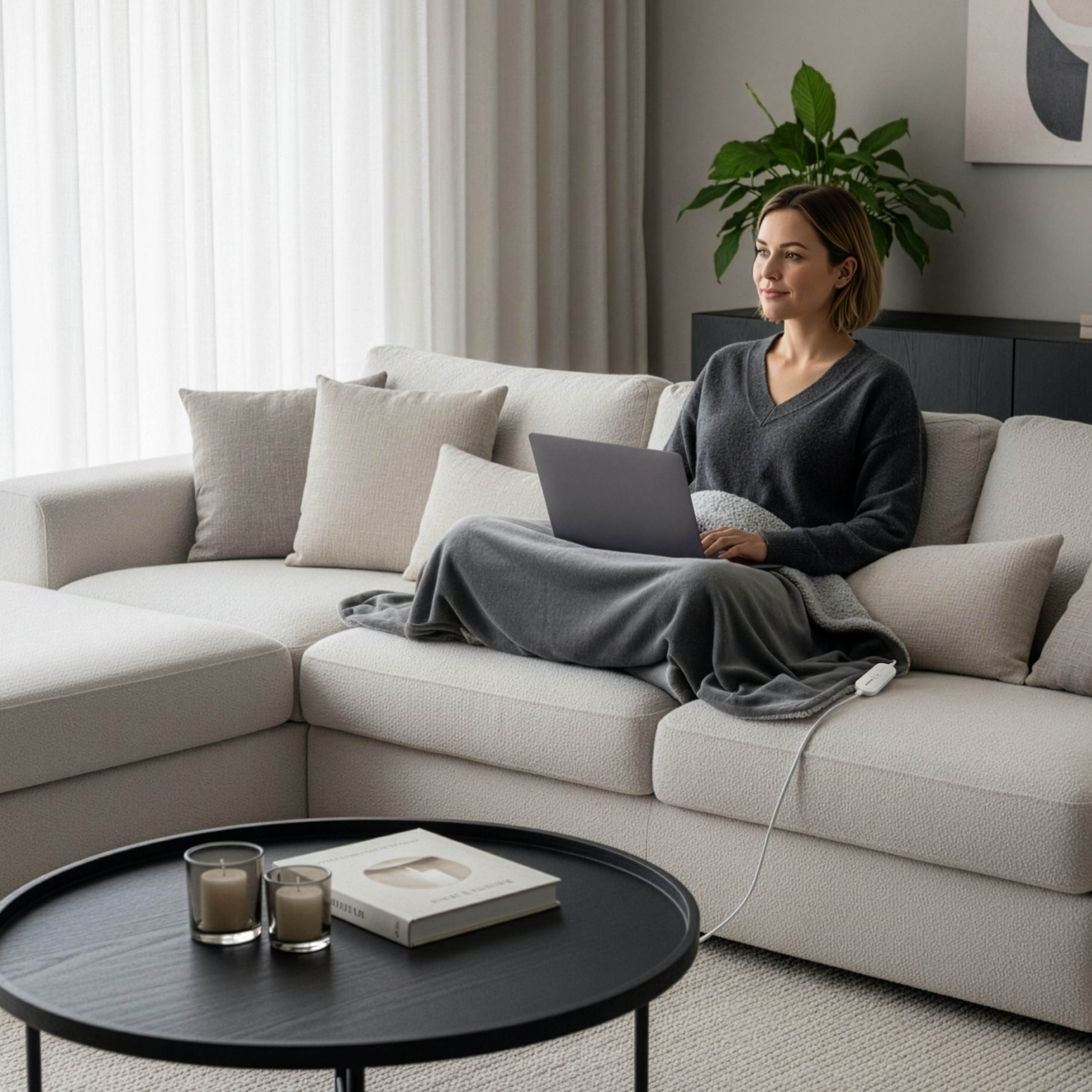Une femme assise sur un canapé beige avec un ordinateur, enveloppée d'une couverture grise, près d'une table basse noire.