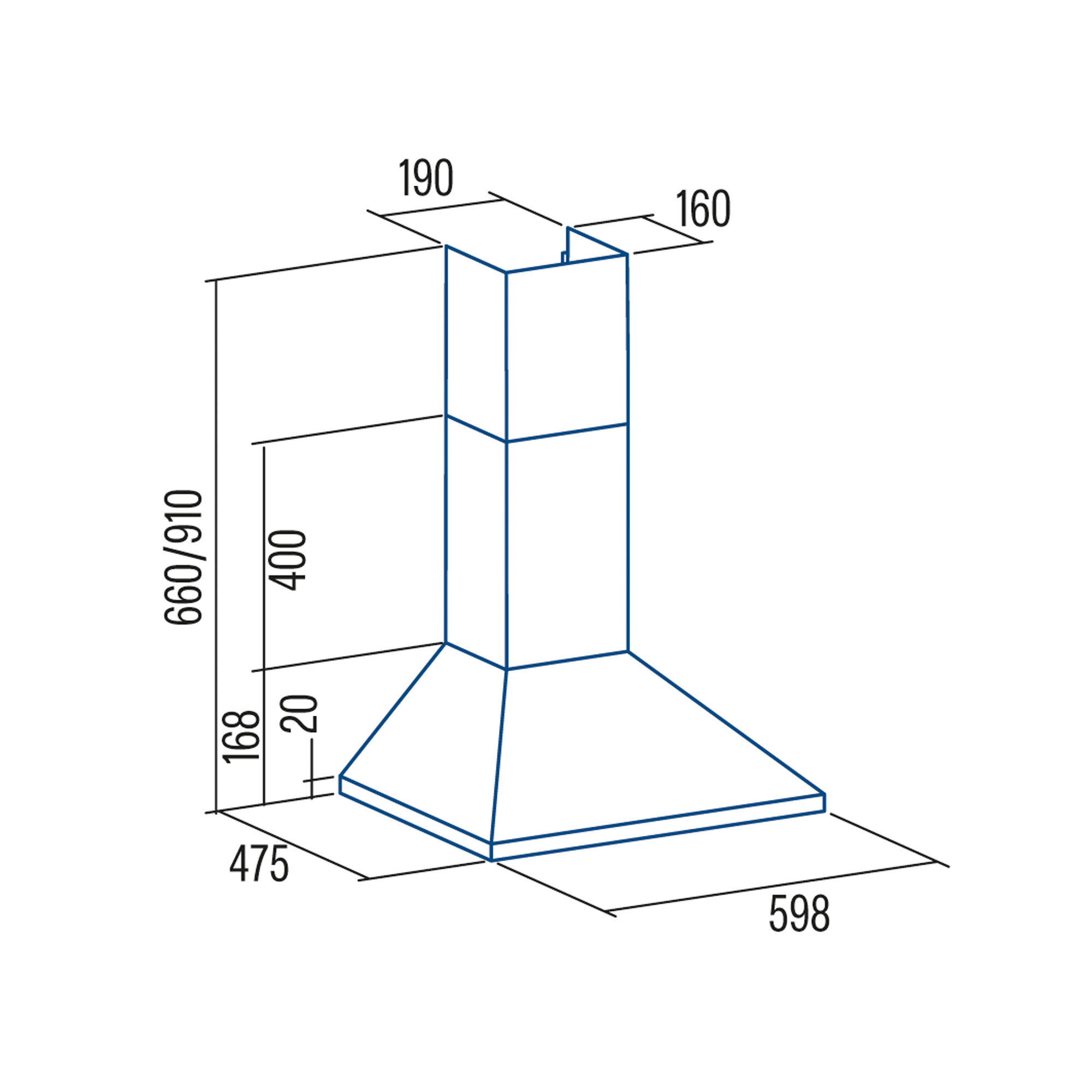 Dibujo técnico de una campana extractora con dimensiones en mm.