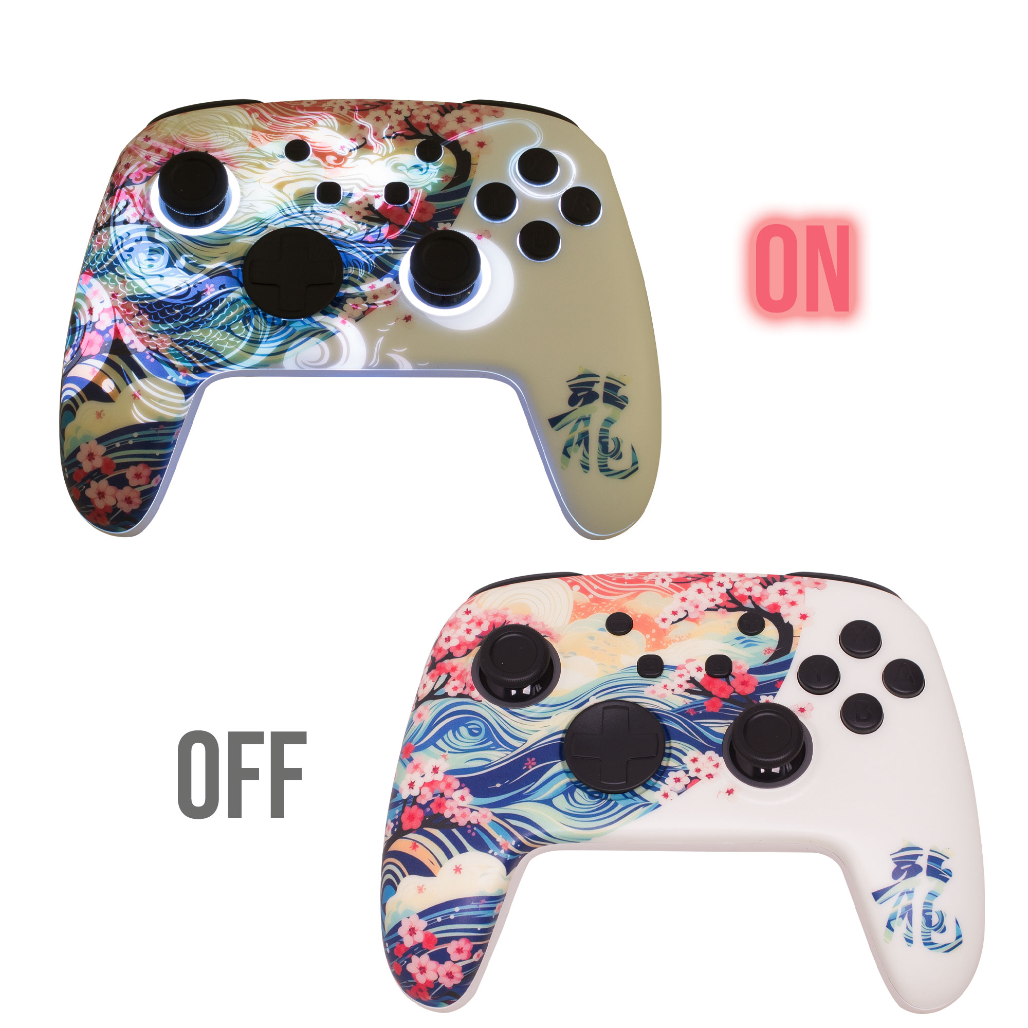 Zwei Gamecontroller mit Kirschblüten- und Wellenmuster; einer beleuchtet (AN), einer unbeleuchtet (AUS).