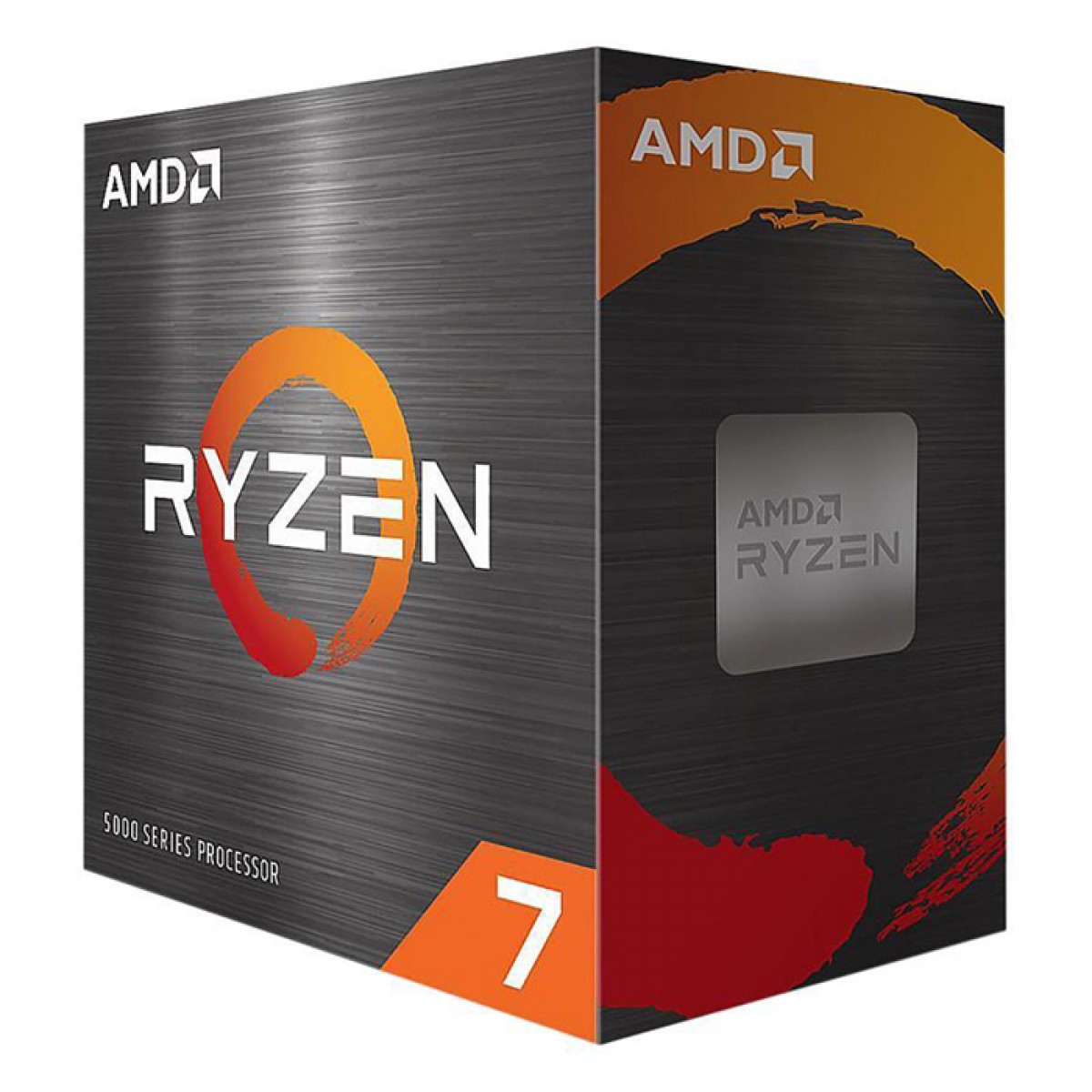 Koyu metalik arka plana, turuncu ve kırmızı detaylara ve görünen işlemci çipine sahip AMD Ryzen 7 5000 serisi işlemci kutusu.