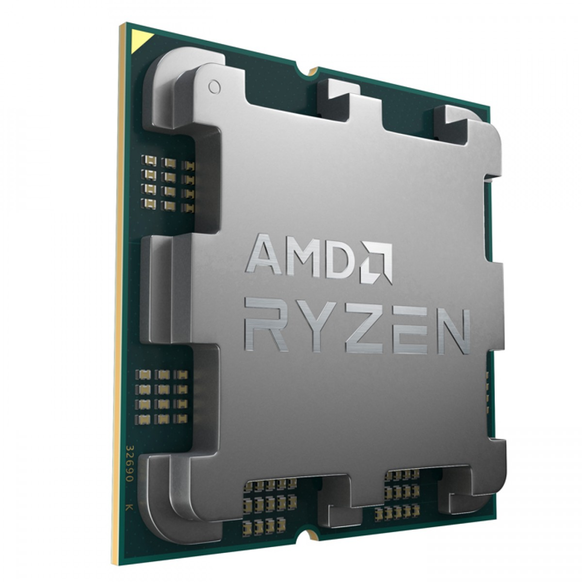Gümüş gri IHS'ye ve yeşil alt tabaka üzerinde görünür SMD bileşenlerine sahip AMD Ryzen işlemci.