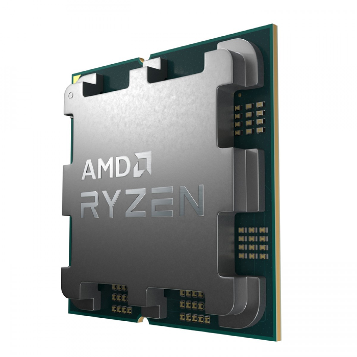 Yeşil devre kartı üzerinde gümüş renkli ısı yayıcılı bir AMD Ryzen işlemci.