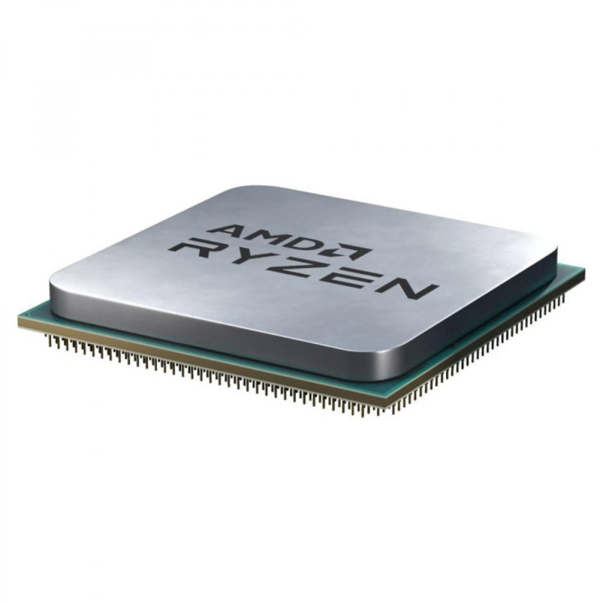 Düz beyaz bir arka plan üzerinde, altında altın rengi pinler bulunan bir AMD Ryzen işlemci.