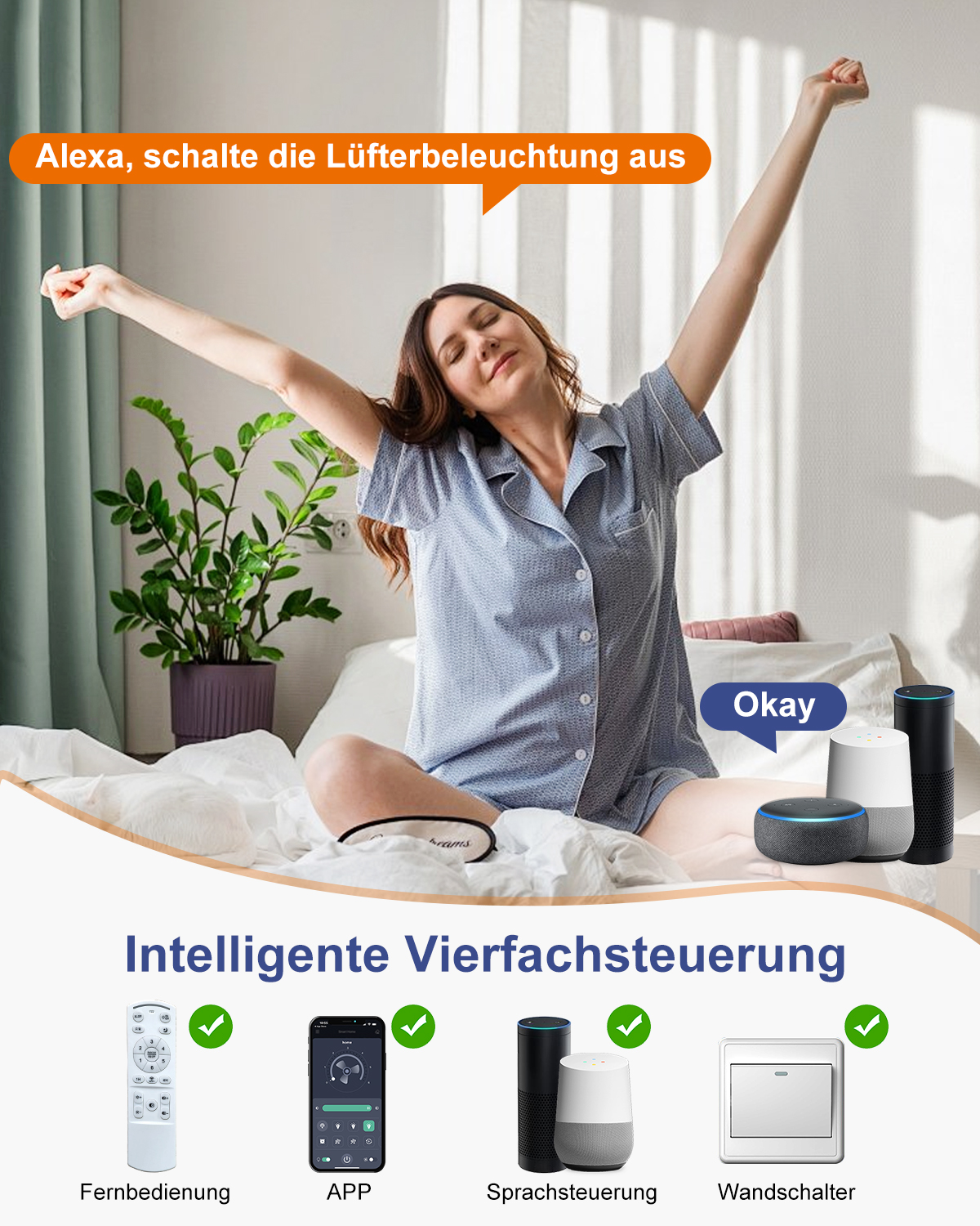 Frau reckt sich im Bett, während Smart-Home-Geräte verschiedene Steuerungsoptionen für die Beleuchtung zeigen.