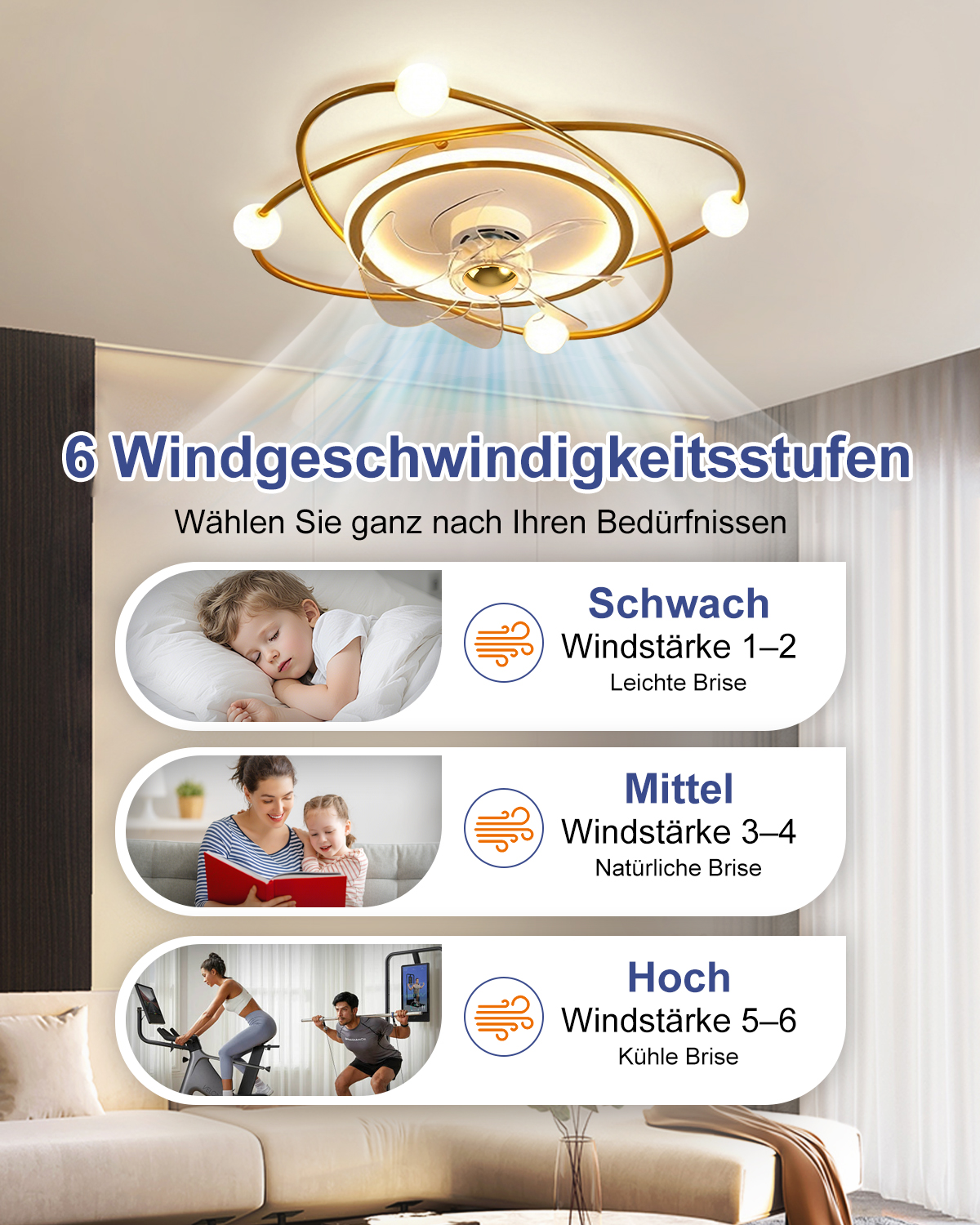 Moderne Deckenleuchte mit integriertem Ventilator und drei Leistungsstufen für verschiedene Aktivitäten.