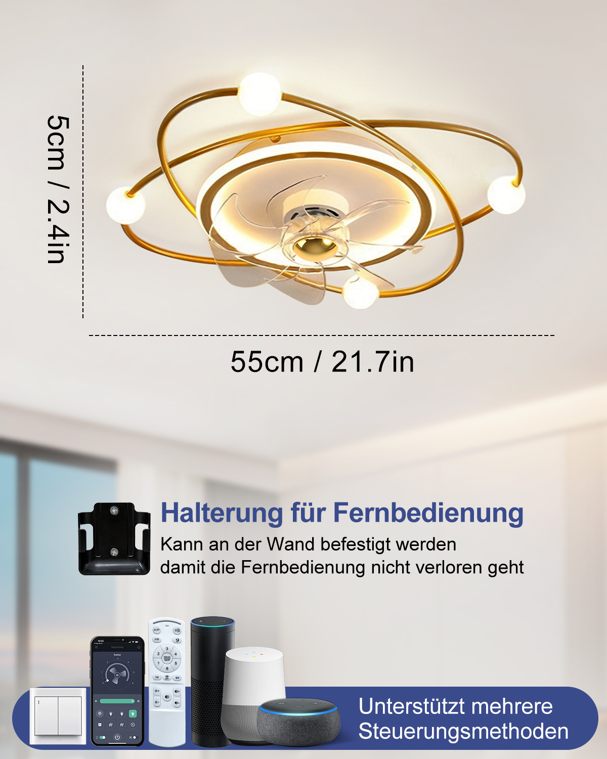 Ein goldfarbener Deckenventilator mit Licht, Fernbedienungshalter und Steuerungsoptionen.