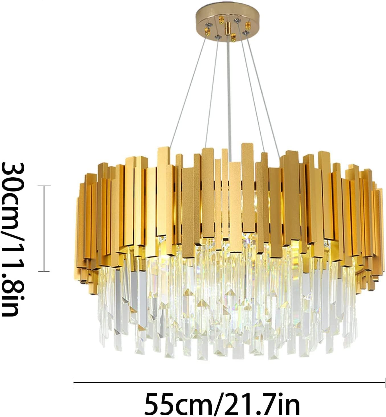 Moderne goldene Pendelleuchte mit hängenden Kristallen, Maße 55x30 cm.
