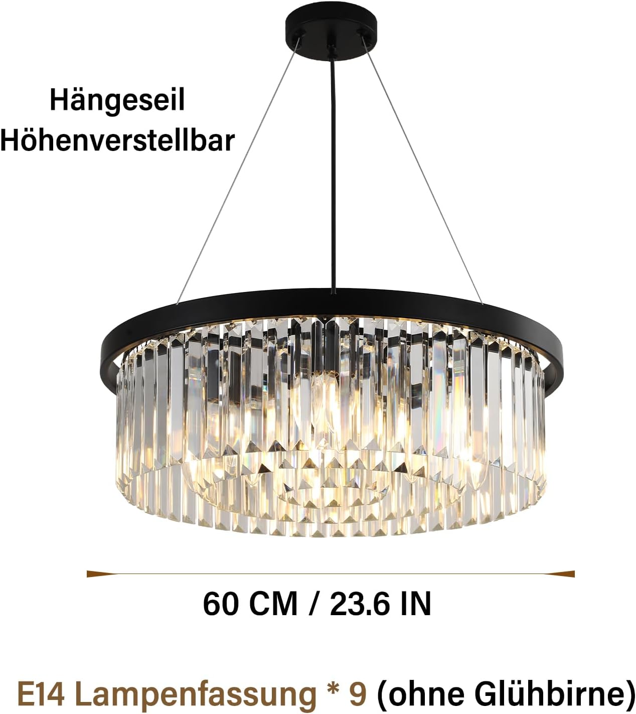 Ein schwarzer runder Kristallkronleuchter mit Hängeseilen und deutschem Text auf weißem Hintergrund.