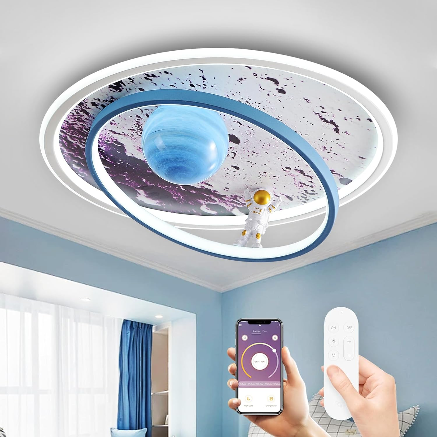 Runde Deckenlampe mit Weltraummotiv, blauer Erde, Astronautenfigur, gesteuert per Smartphone und Fernbedienung.
