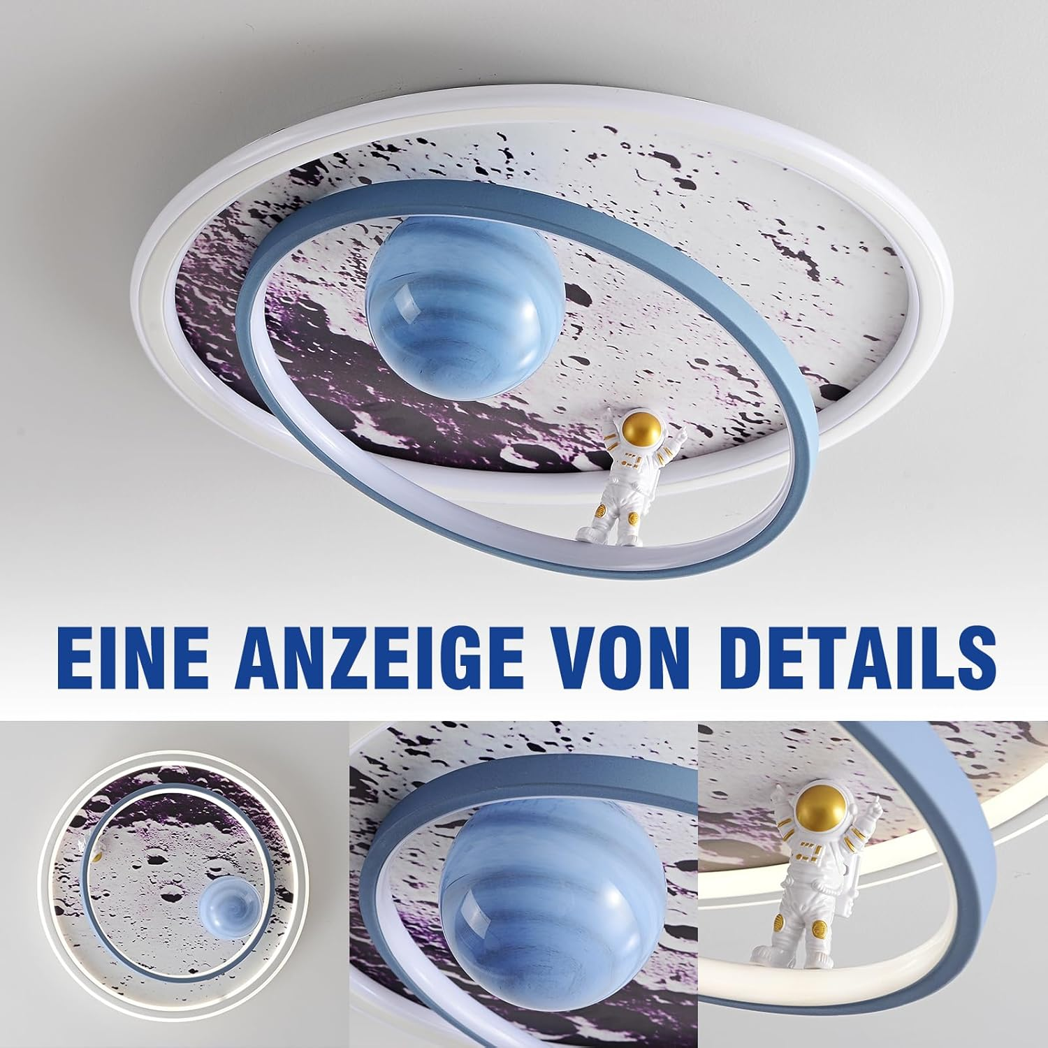 Eine runde Weltraum-Deckenleuchte mit Mondmuster, Saturn-Modell und Astronautenfigur.
