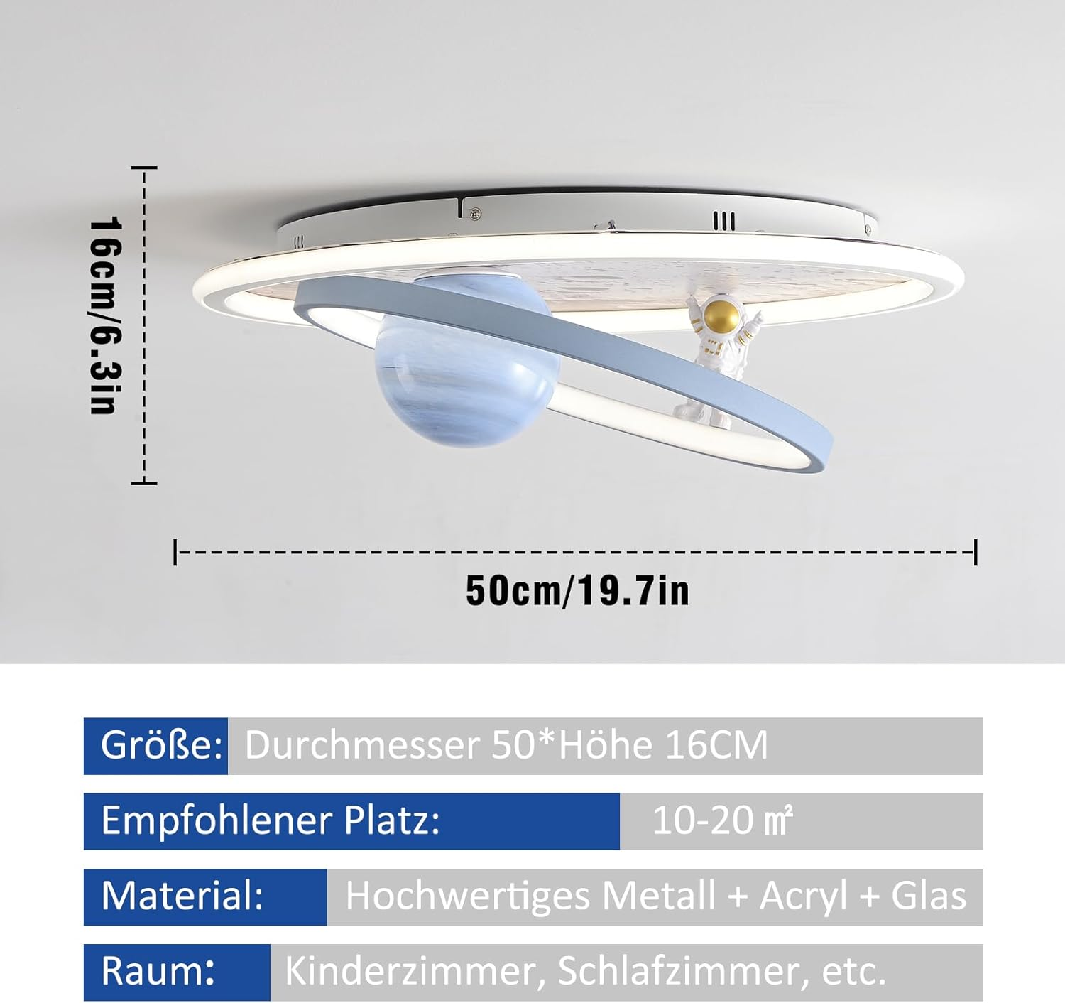 Deckenleuchte im Weltraum-Design mit Saturn, Astronaut und Abmessungen von 50x16 cm.