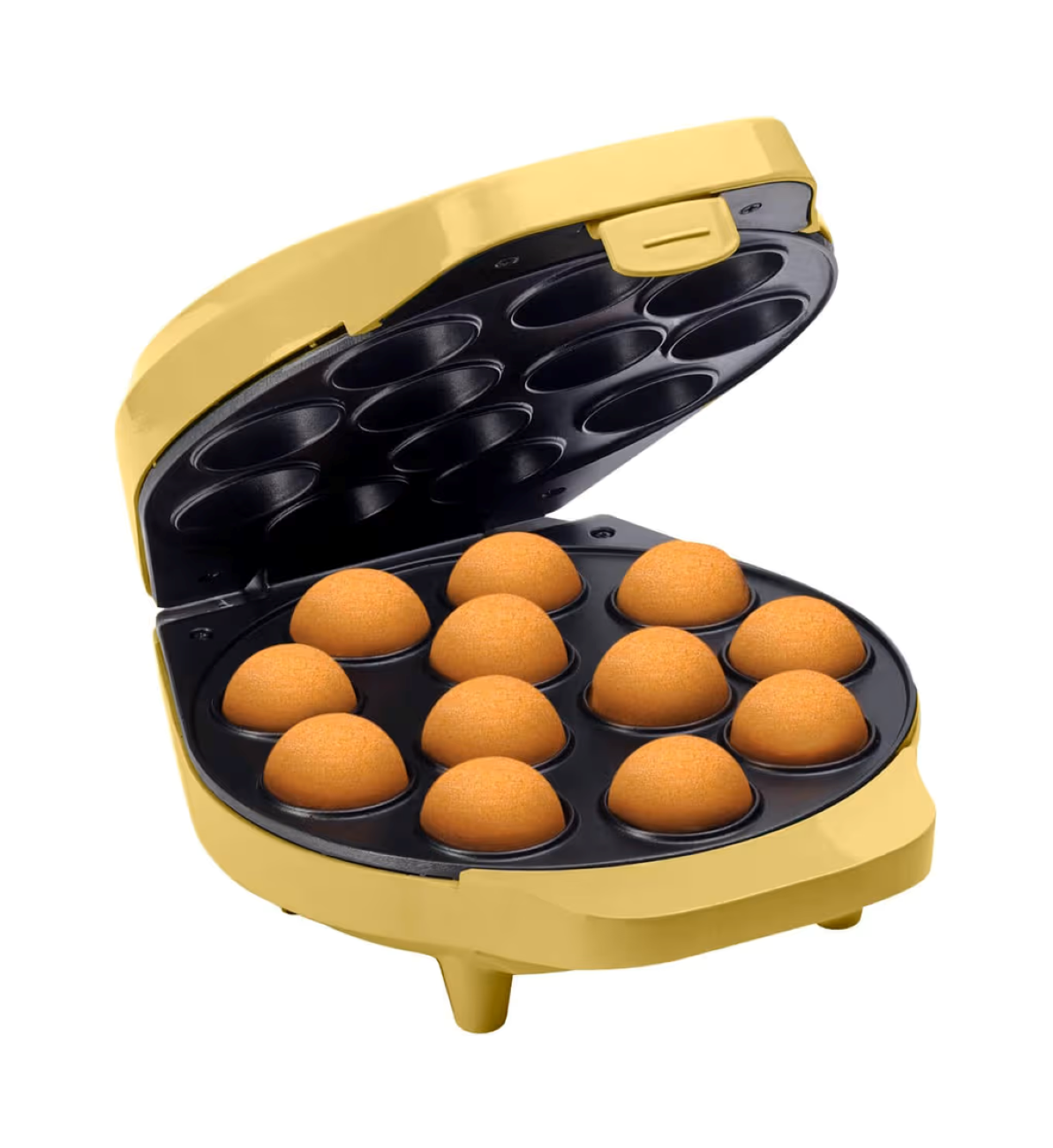 Gelbes Waffeleisen mit zehn frisch gebackenen, runden gelben Waffeln darin.
