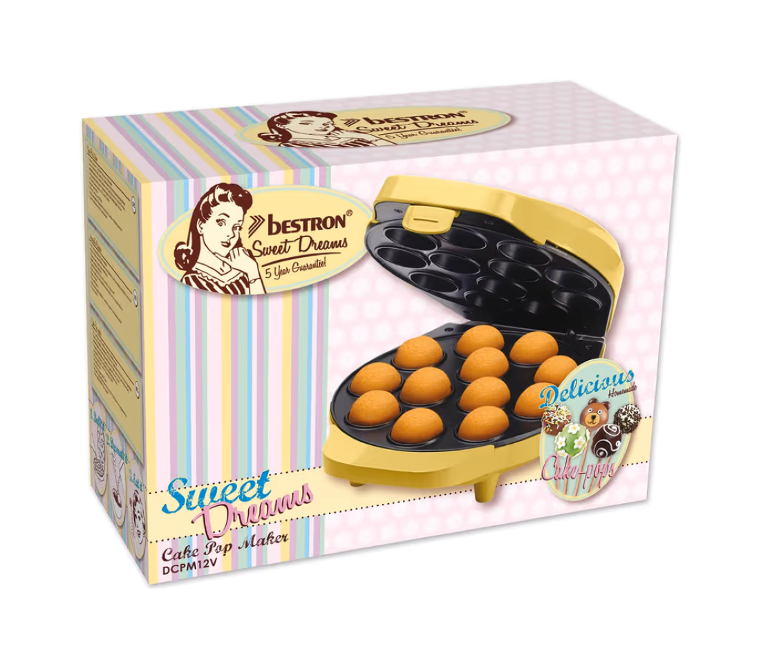 Verpackung eines gelben Bestron Sweet Dreams Cake Pop Makers mit abgebildeten Kuchenpops.