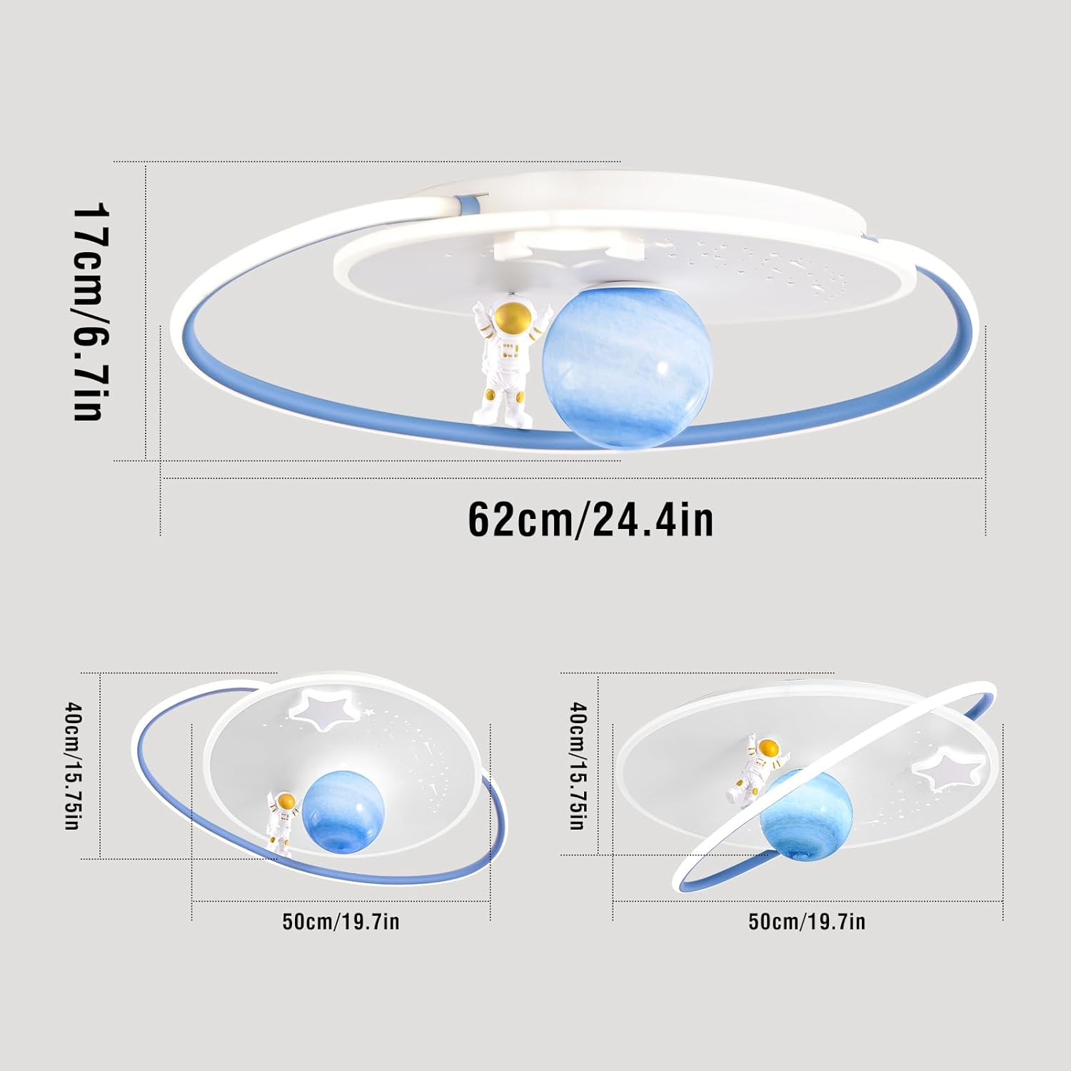 Technische Zeichnung einer runden Astronauten-Deckenleuchte mit Maßen in Zentimetern und Zoll.