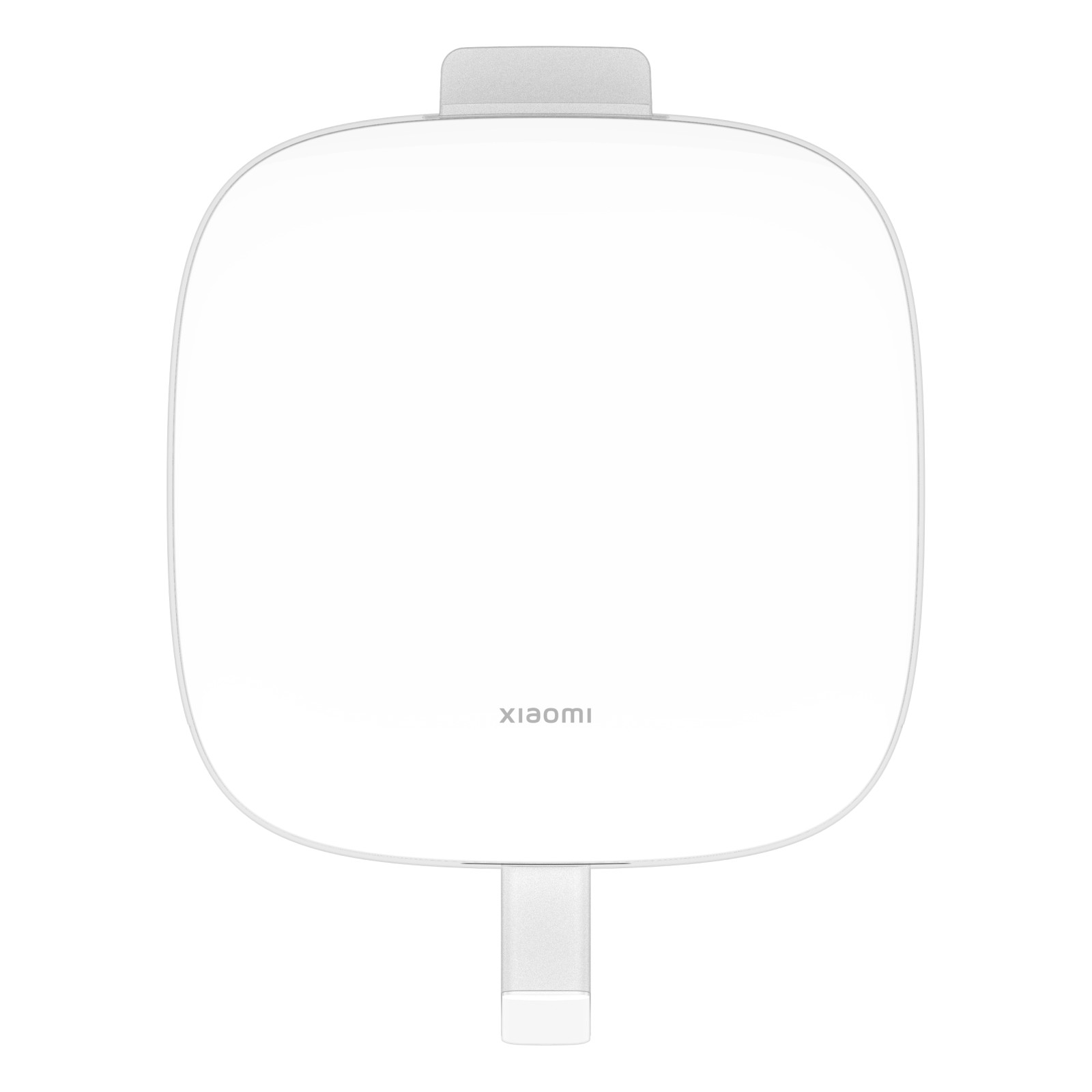 Białe urządzenie Xiaomi z zaokrąglonymi rogami i srebrnymi klipsami u góry i u dołu.