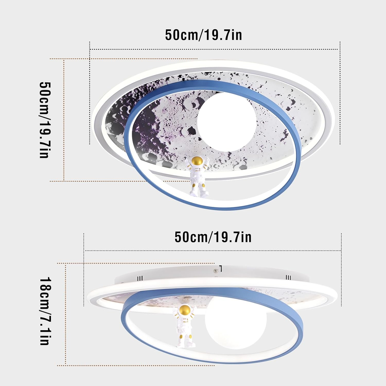 Runde Deckenlampe mit Monddesign, blauem Ring und kleiner Astronautenfigur, inklusive Maßangaben.