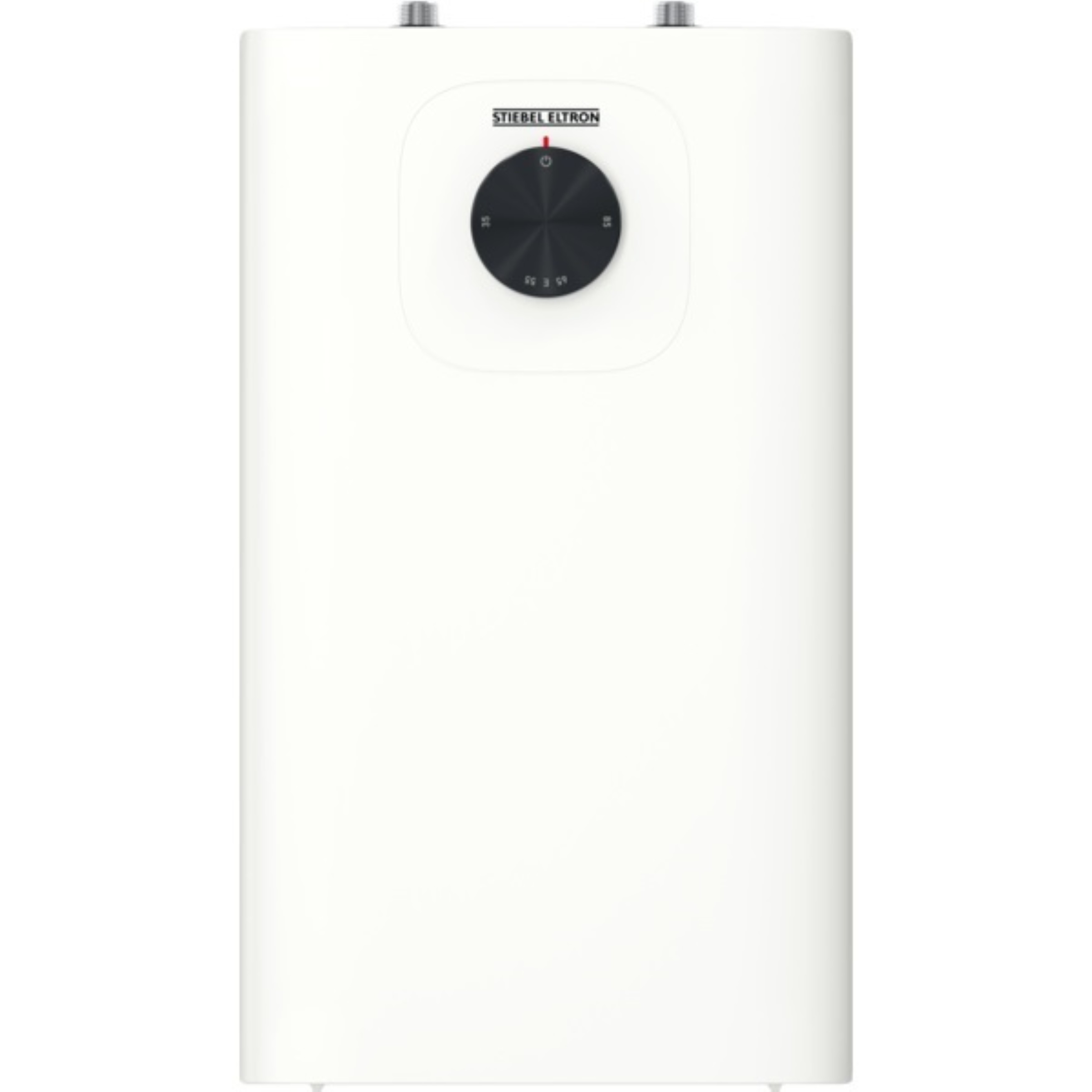Ein weißer Stiebel Eltron Warmwasserbereiter mit einem schwarzen runden Temperaturregler oben.