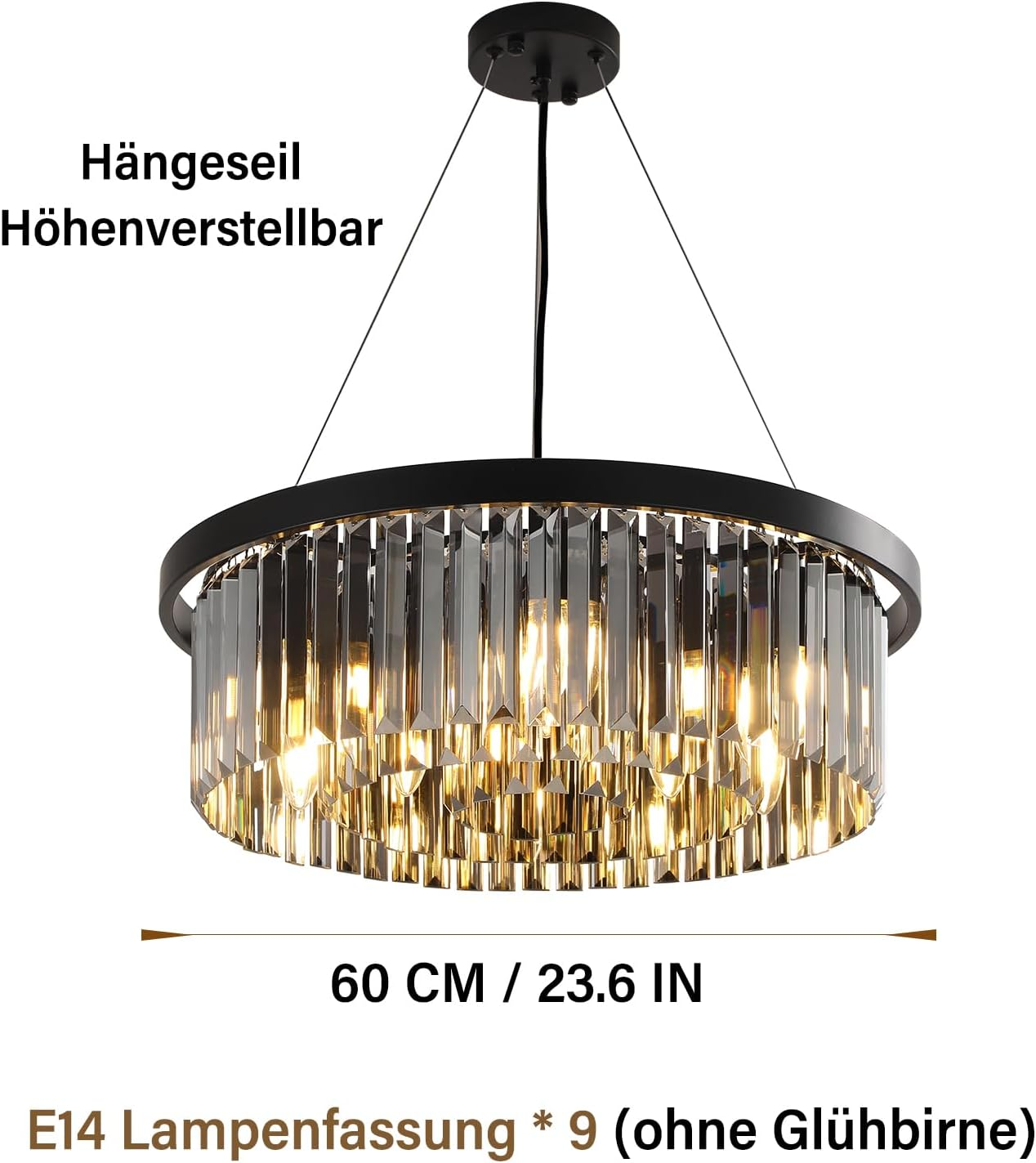 Runde schwarze Hängelampe mit Kristallglasstäben und 9 E14-Fassungen, 60 cm Durchmesser.