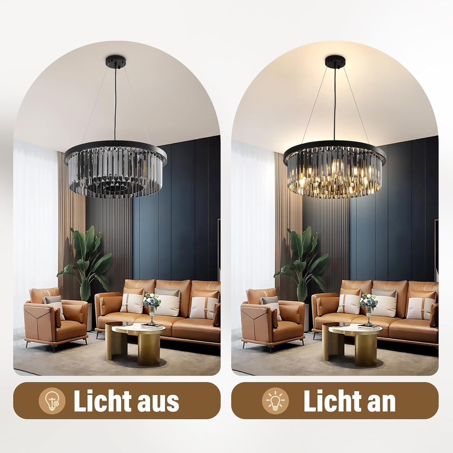 Vergleich zweier Wohnzimmer: Links Leuchte aus, rechts Leuchte an.