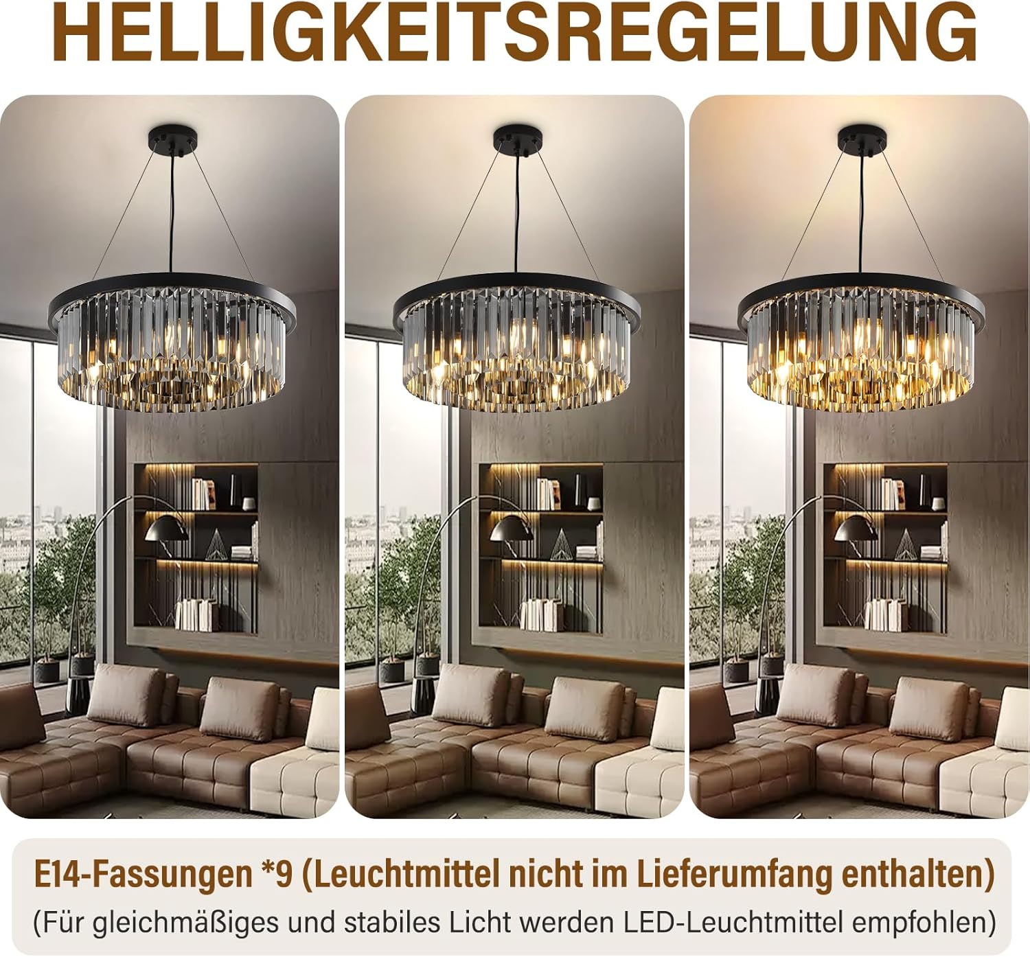 Drei Bilder einer modernen Kristall-Pendelleuchte in einem Wohnzimmer zeigen verschiedene Helligkeitsstufen.