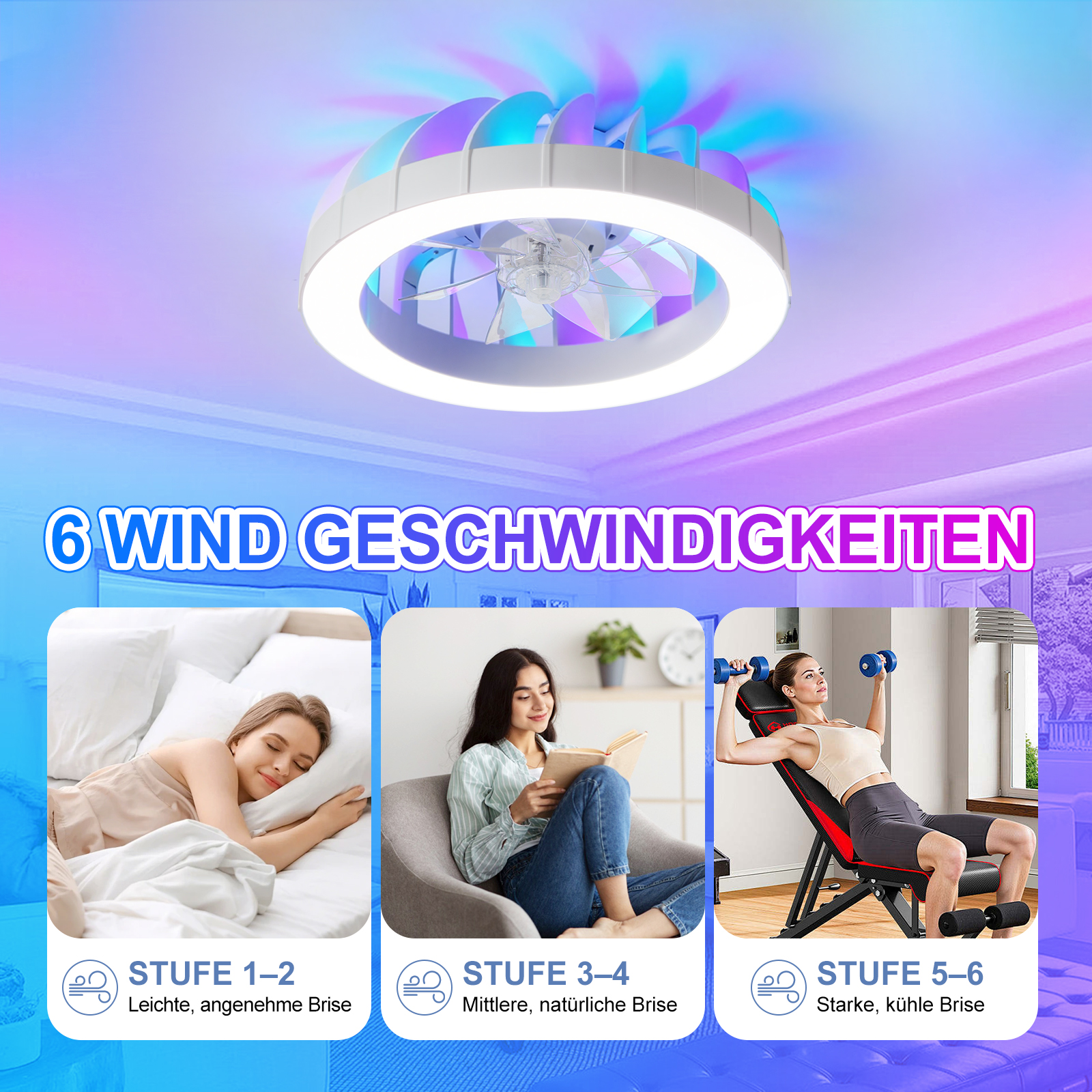 Moderne Deckenleuchte mit integriertem Ventilator und drei Einsatzszenarien für verschiedene Windgeschwindigkeiten.